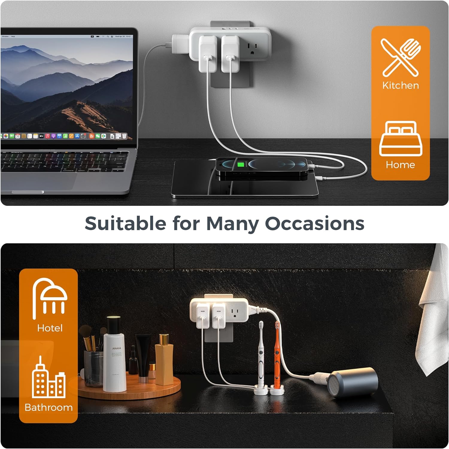 TESSAN Multiple Outlet Splitter with 5 Outlets and 3 USB (2 USB C), Multi Plug Outlet Extender, USB Wall Charger