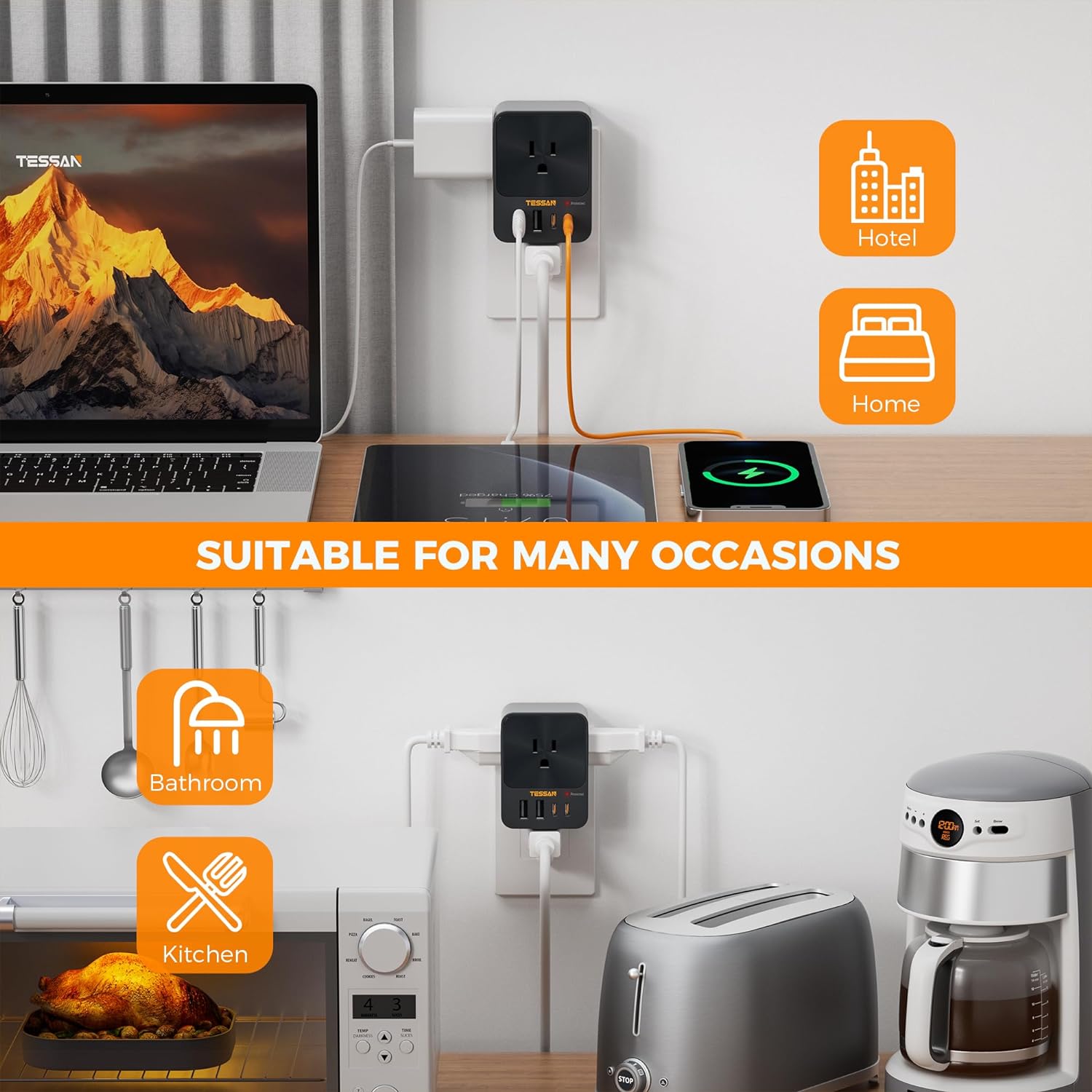 TESSAN 30W USB C Wall Charger, Fast Charging Multi Plug Adapter with 3 Outlet Extender Surge Protector