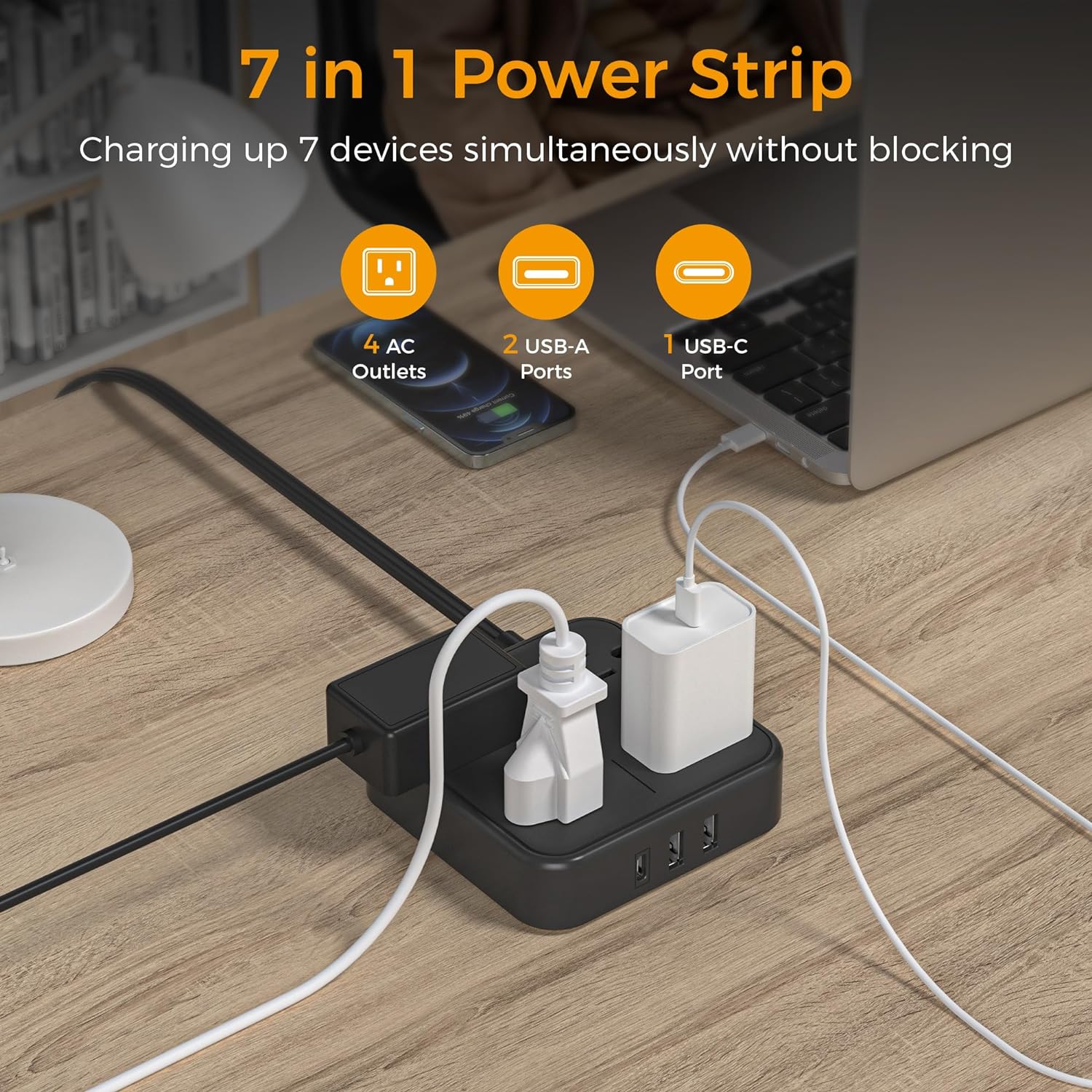 TESSAN 5 ft Ultra Thin Black Extension Cord with 3 USB Wall Charger(1 USB C Port), Flat Plug Power Strip