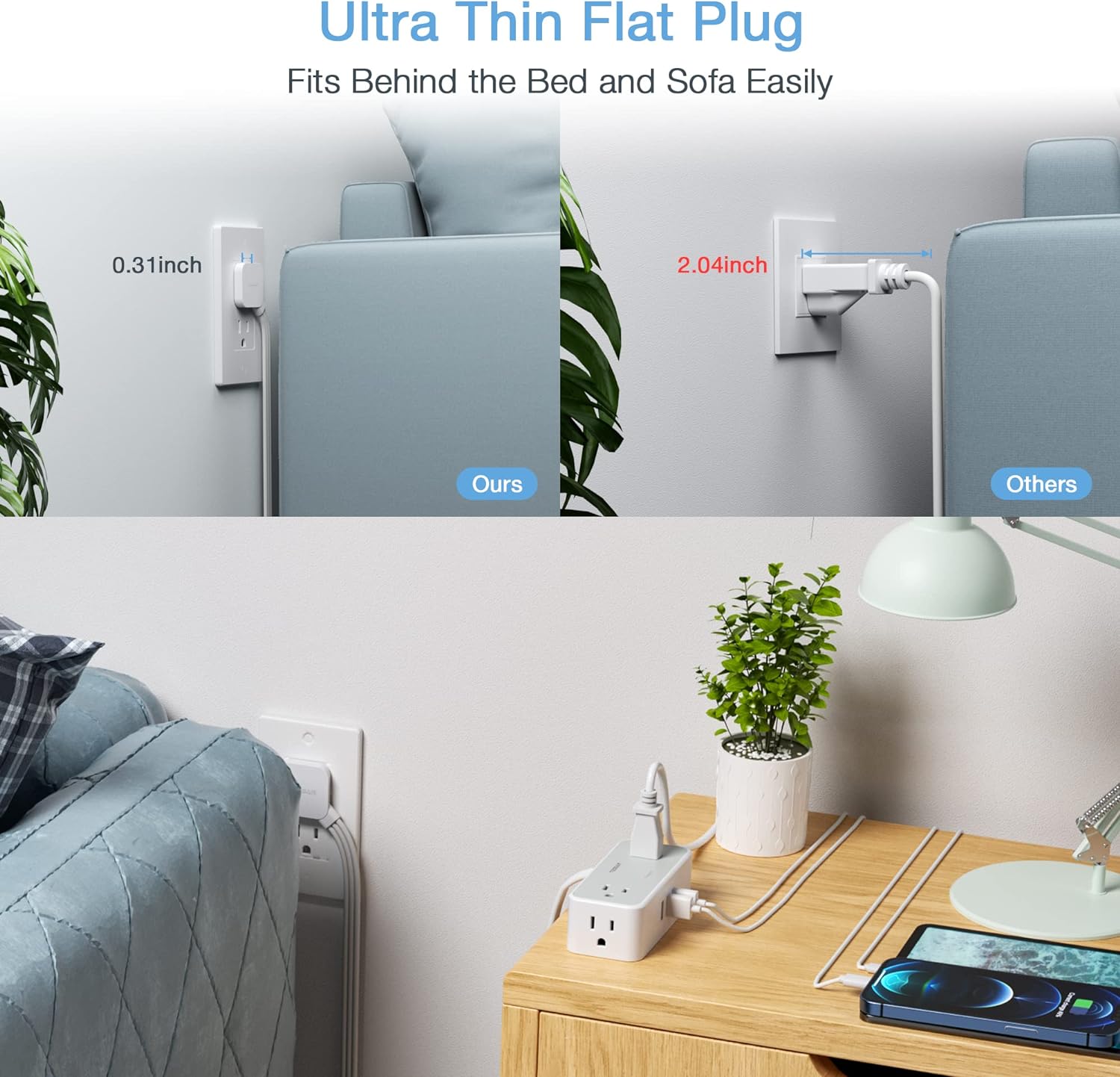 TESSAN Surge Protector Flat Plug Power Strip 4 Wide Spaced AC Outlets 3 USB, Ultra Thin 5FT Flat Extension Cord
