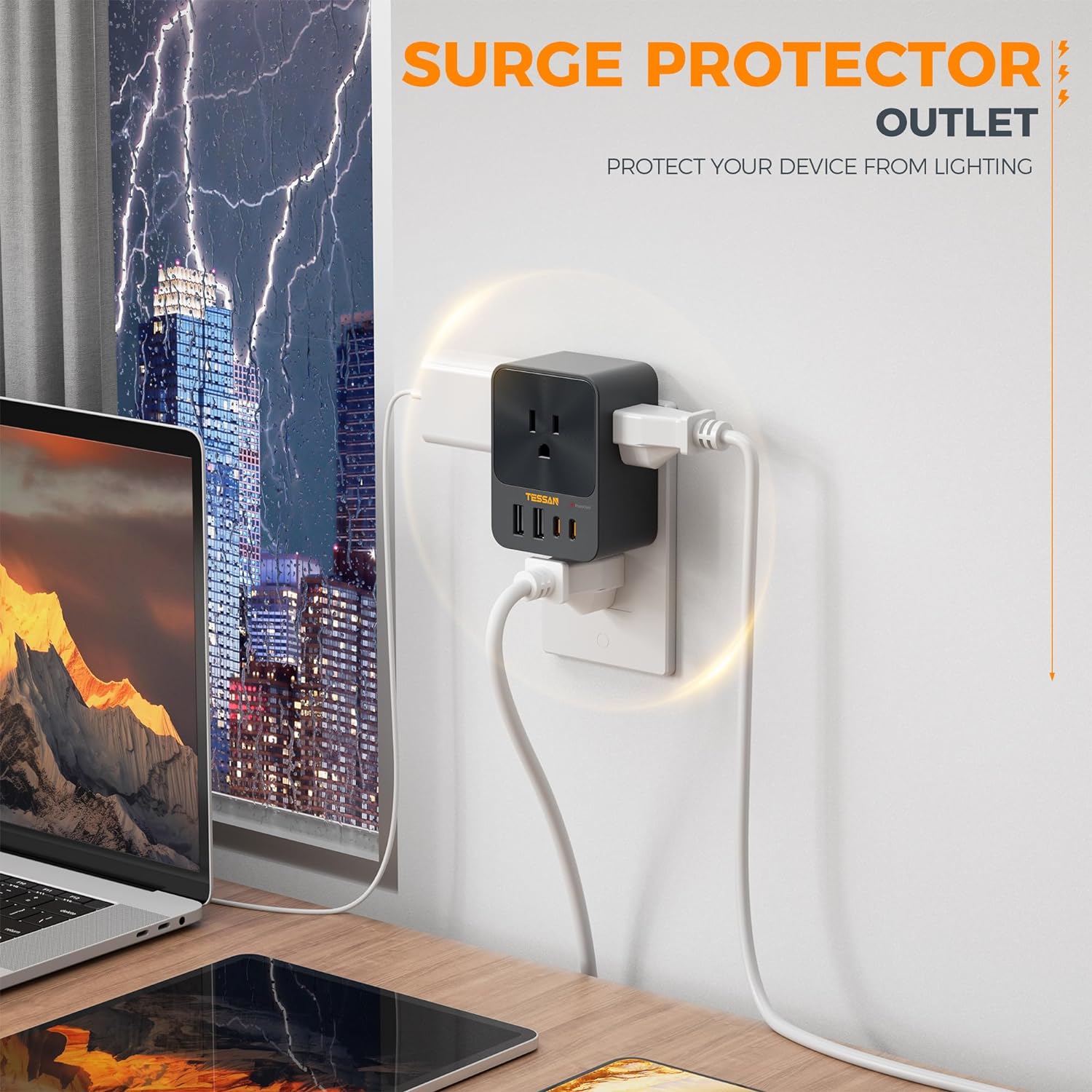 TESSAN 30W USB C Wall Charger, Fast Charging Multi Plug Adapter with 3 Outlet Extender Surge Protector