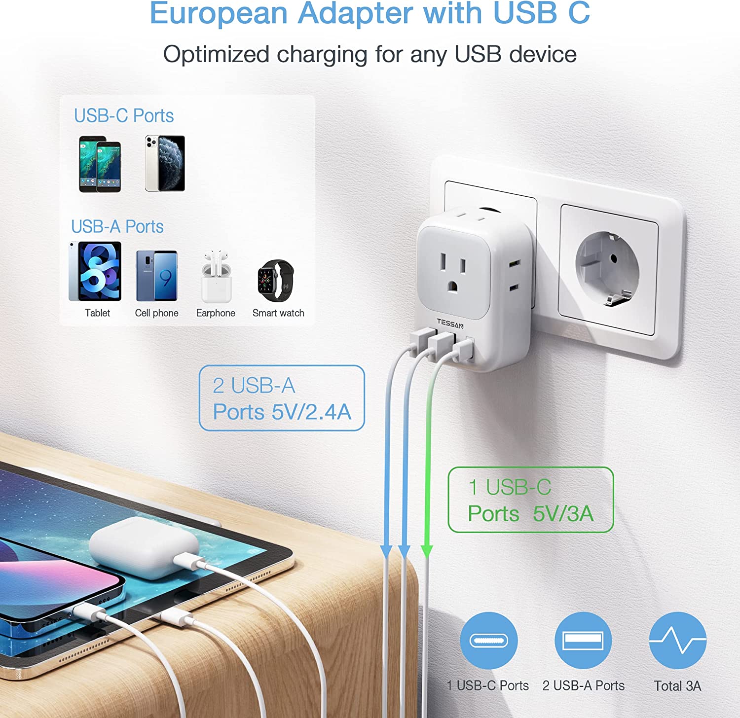 TESSAN US to Europe Plug Adapter with 4 Outlets 3 USB Charger (1 USB C Port), 2 Pack