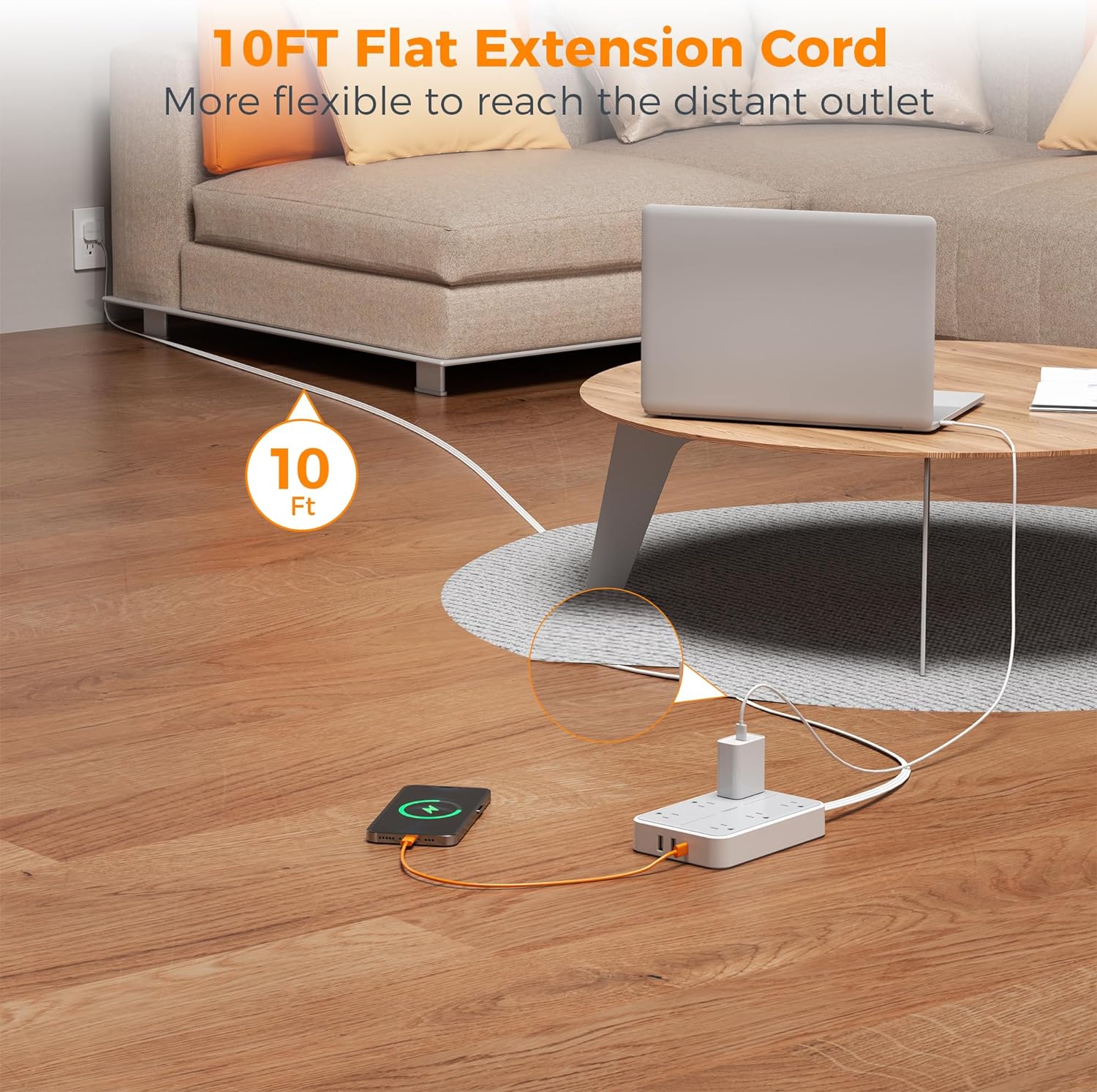 TESSAN Flat Plug Ultra Thin Extension Cord with 6 Wide-Spaced Outlets 3 USB Ports (1 USB C Port), Surge Protector Power Strip 10 ft