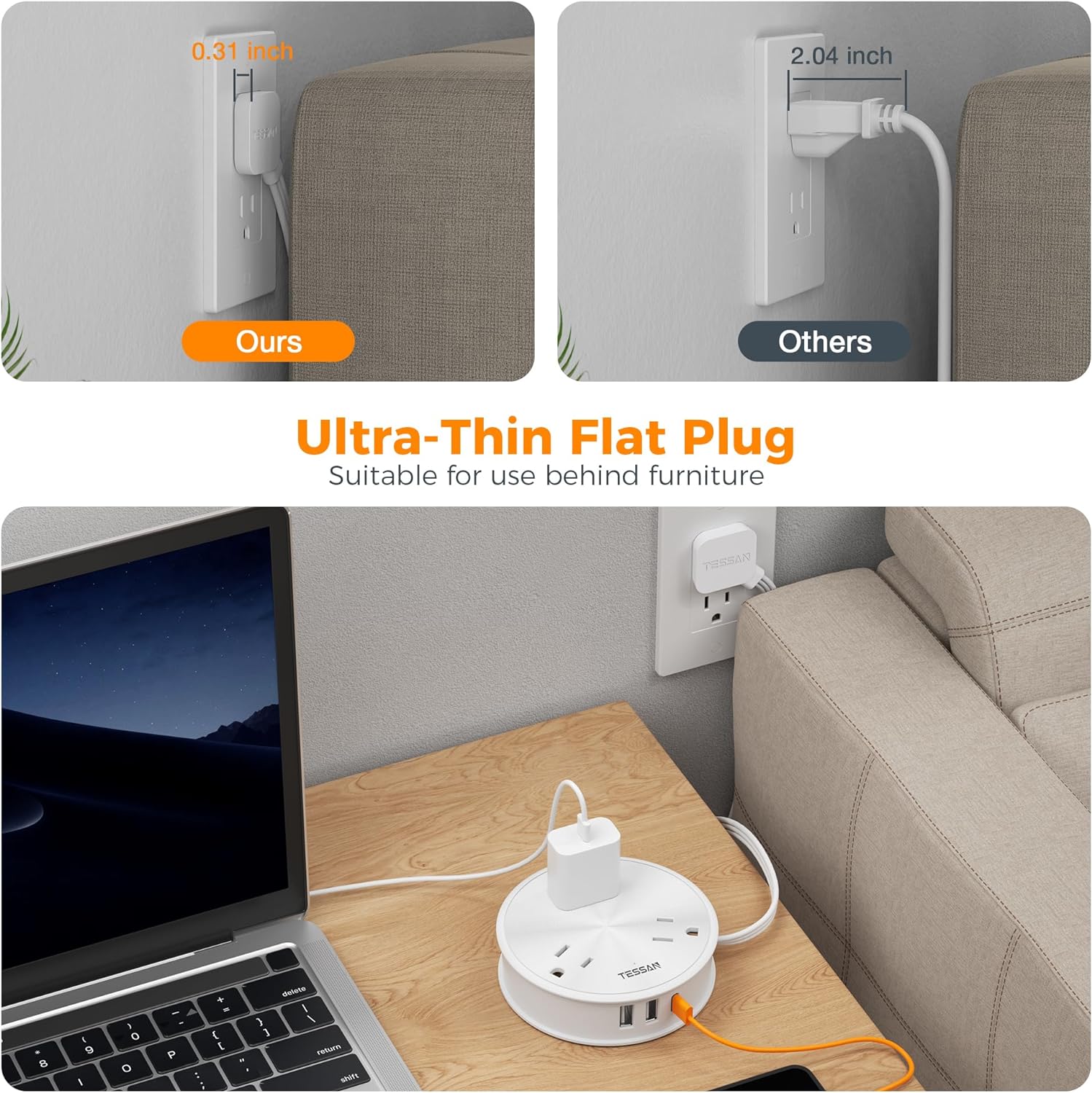 TESSAN Short Extension Cord 2 ft with 3 AC Outlets 3 USB (1 USB C) Ports