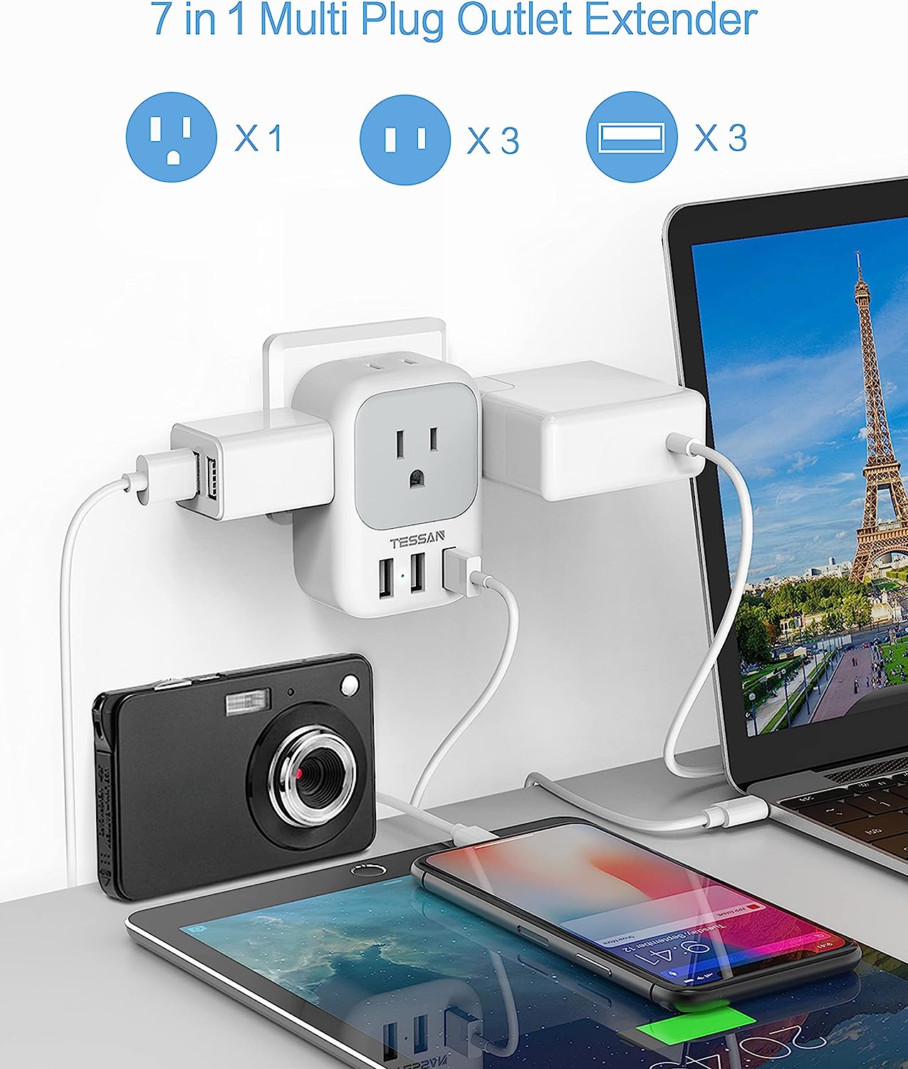 TESSAN 4 Electrical Outlet Extender with 3 USB Ports