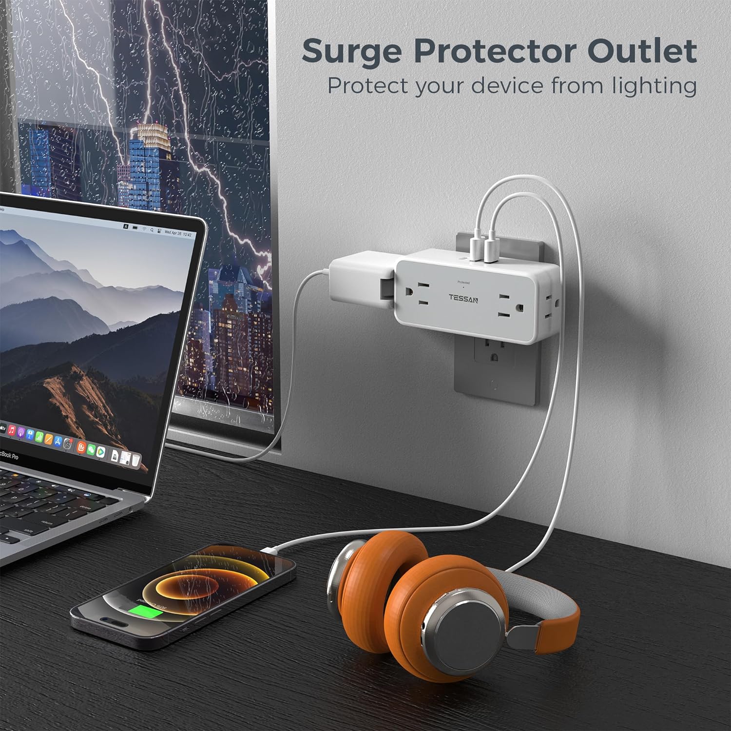 TESSAN 4 Wall Outlet Extender with 3 USB Wall Charger(1 USB C)
