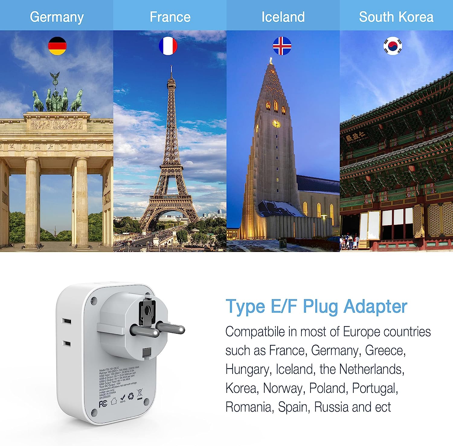 TESSAN Germany France Power Adapter with 4 AC Outlets and 3 USB Ports(1 USB C)