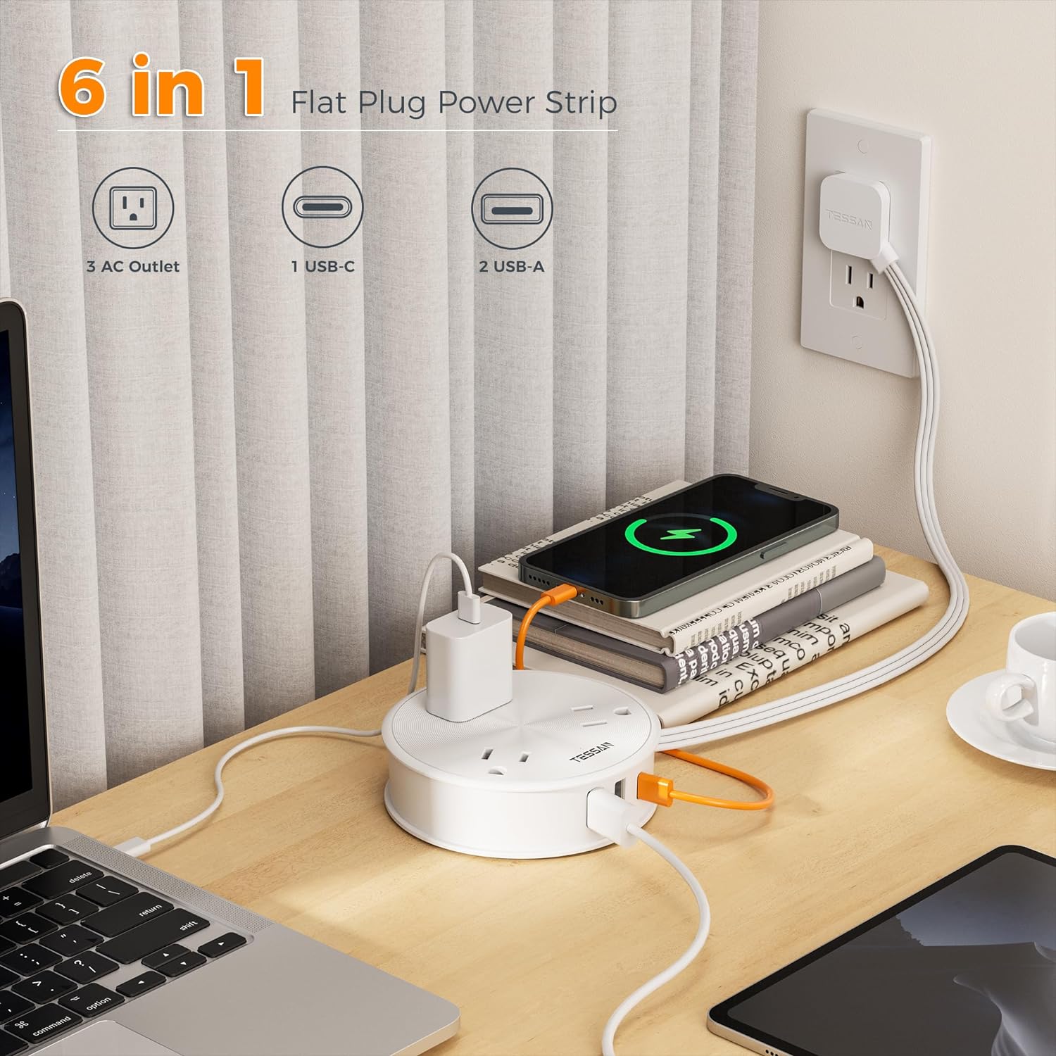 TESSAN Short Extension Cord 2 ft with 3 AC Outlets 3 USB (1 USB C) Ports