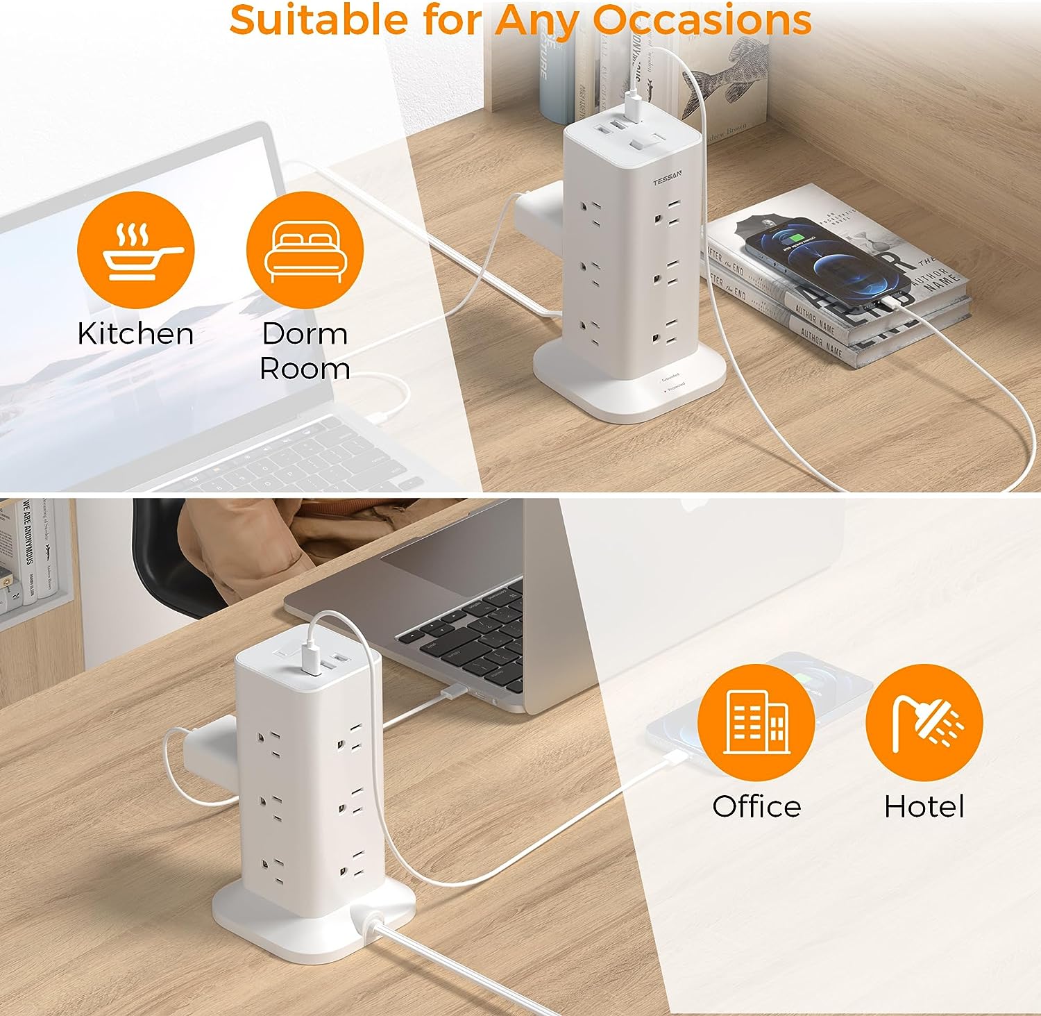 TESSAN Flat Plug Extension Cord 6 Feet with 12 Multiple Outlets 3 USB Ports (1 USB C)