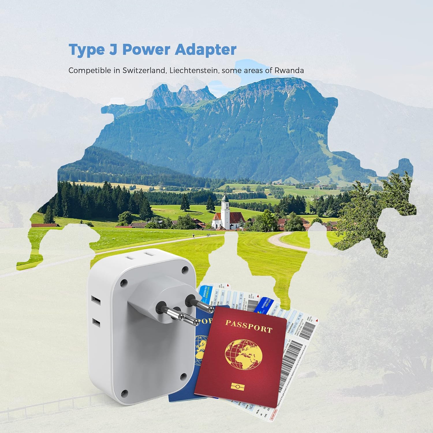 TESSAN US to Switzerland Plug Adapter with 4 American Outlets 3 USB Charger (1 USB C Port)