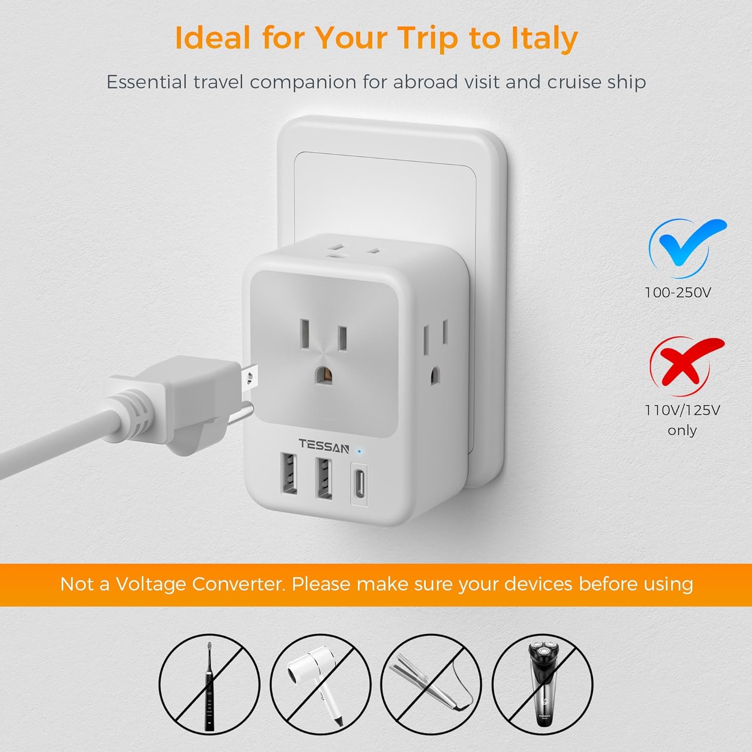 TESSAN Italy Power Adapter with 4 Outlets 3 USB Ports (1 USB C), Italy Travel Plug Adapter 2 Packs