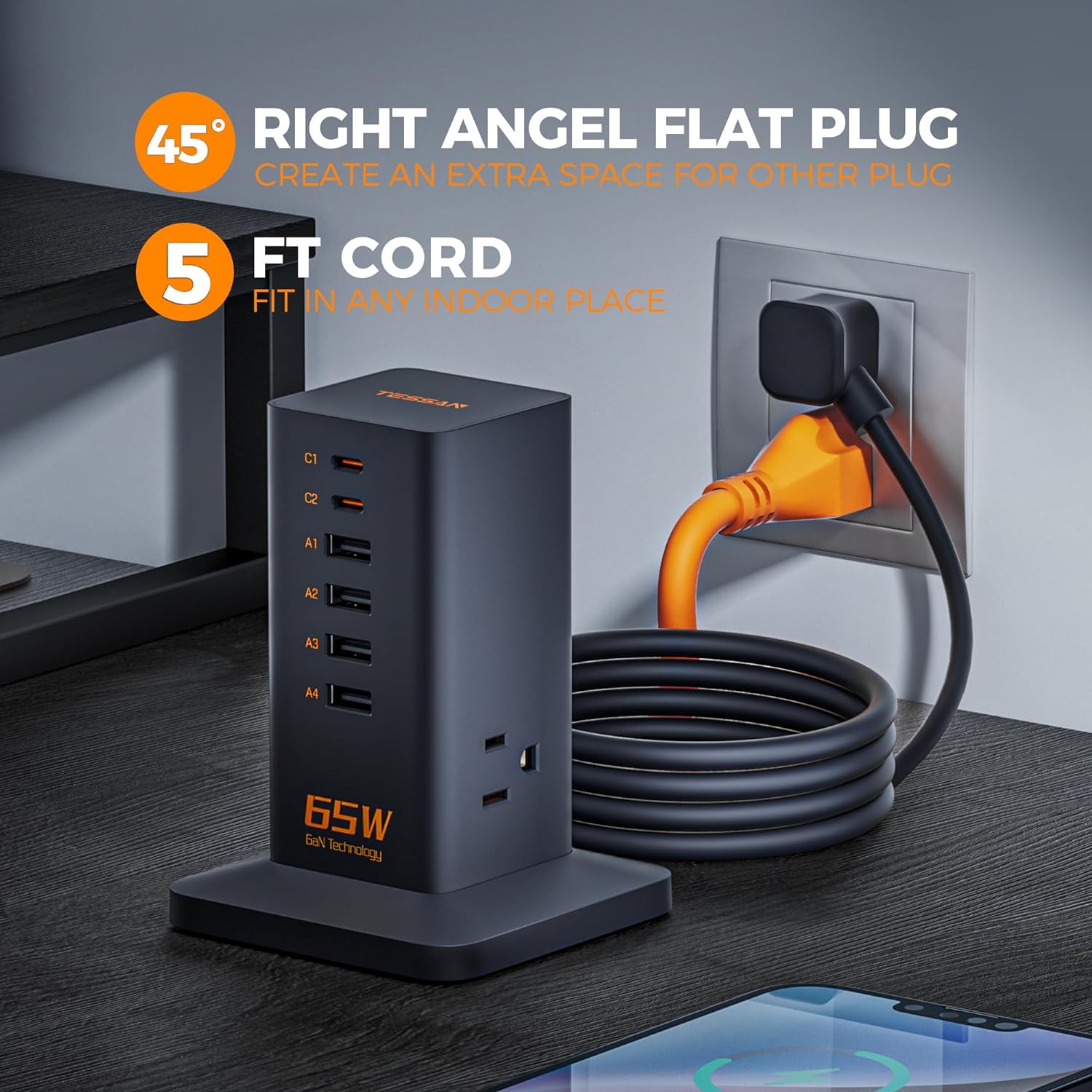 TESSAN 65W Desk Charging Station, 6 Port GaN USB Fast Charger Block Tower with 3 Outlets