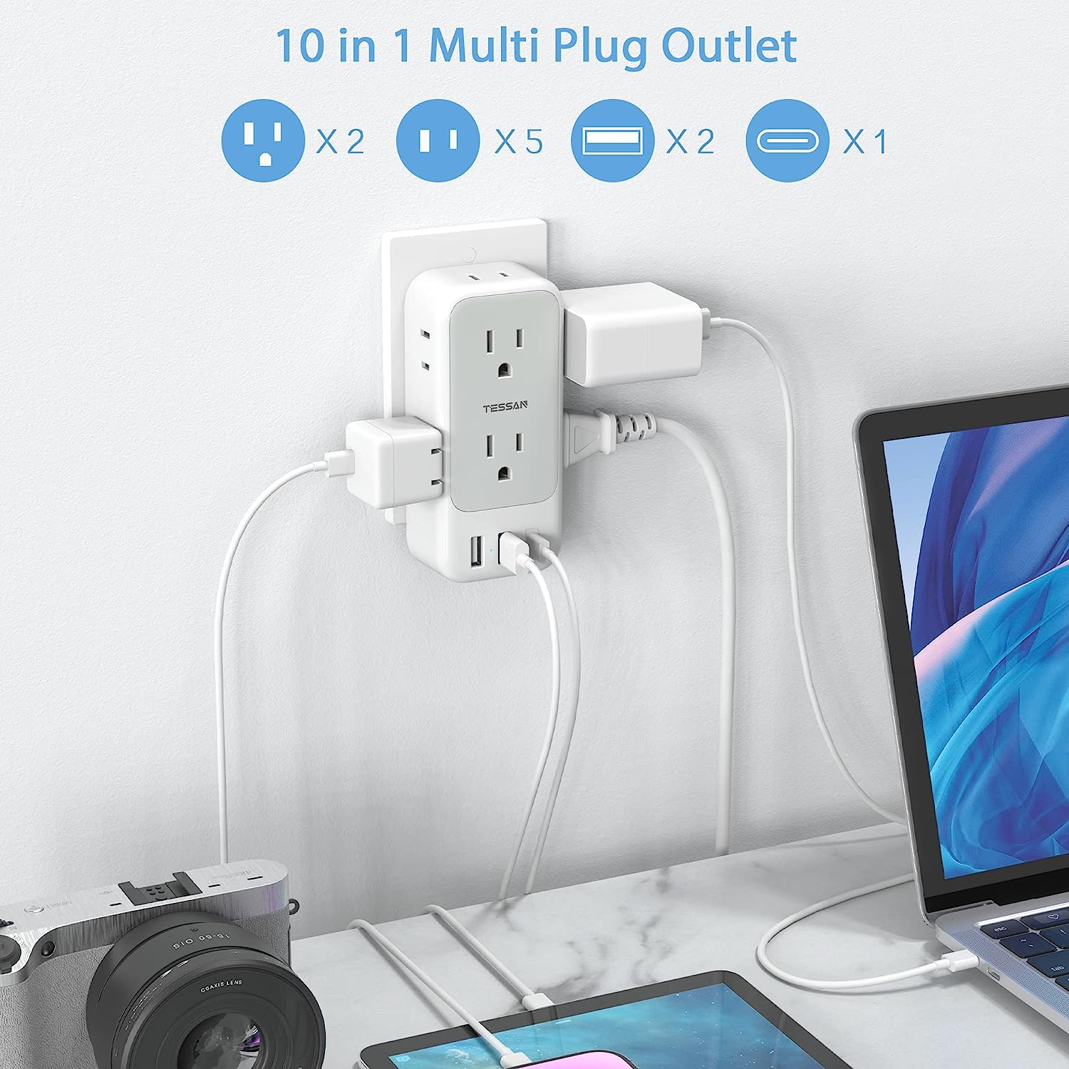 TESSAN Electrical 7 Outlet Splitter with 3 USB Wall Charger (1 USB C)