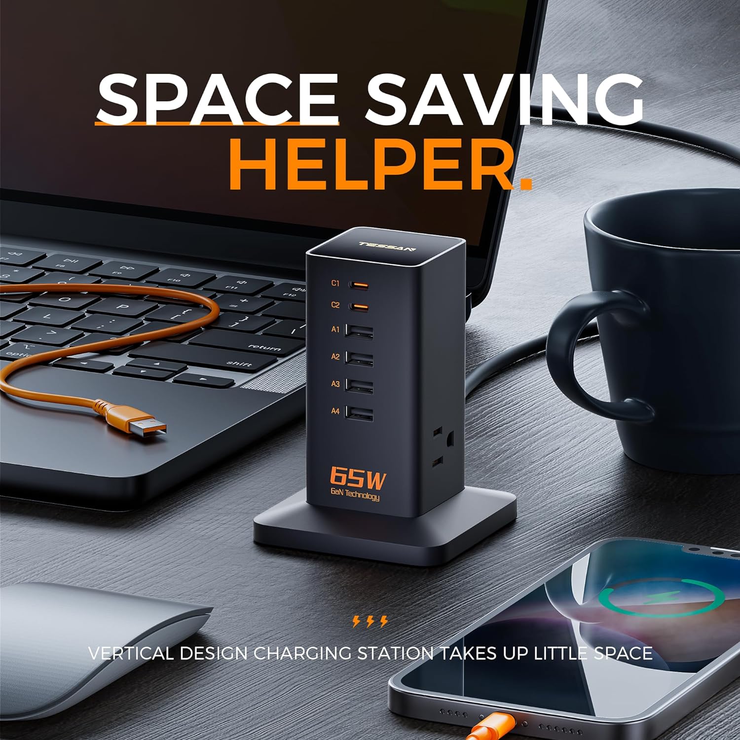 TESSAN 65W Desk Charging Station, 6 Port GaN USB Fast Charger Block Tower with 3 Outlets