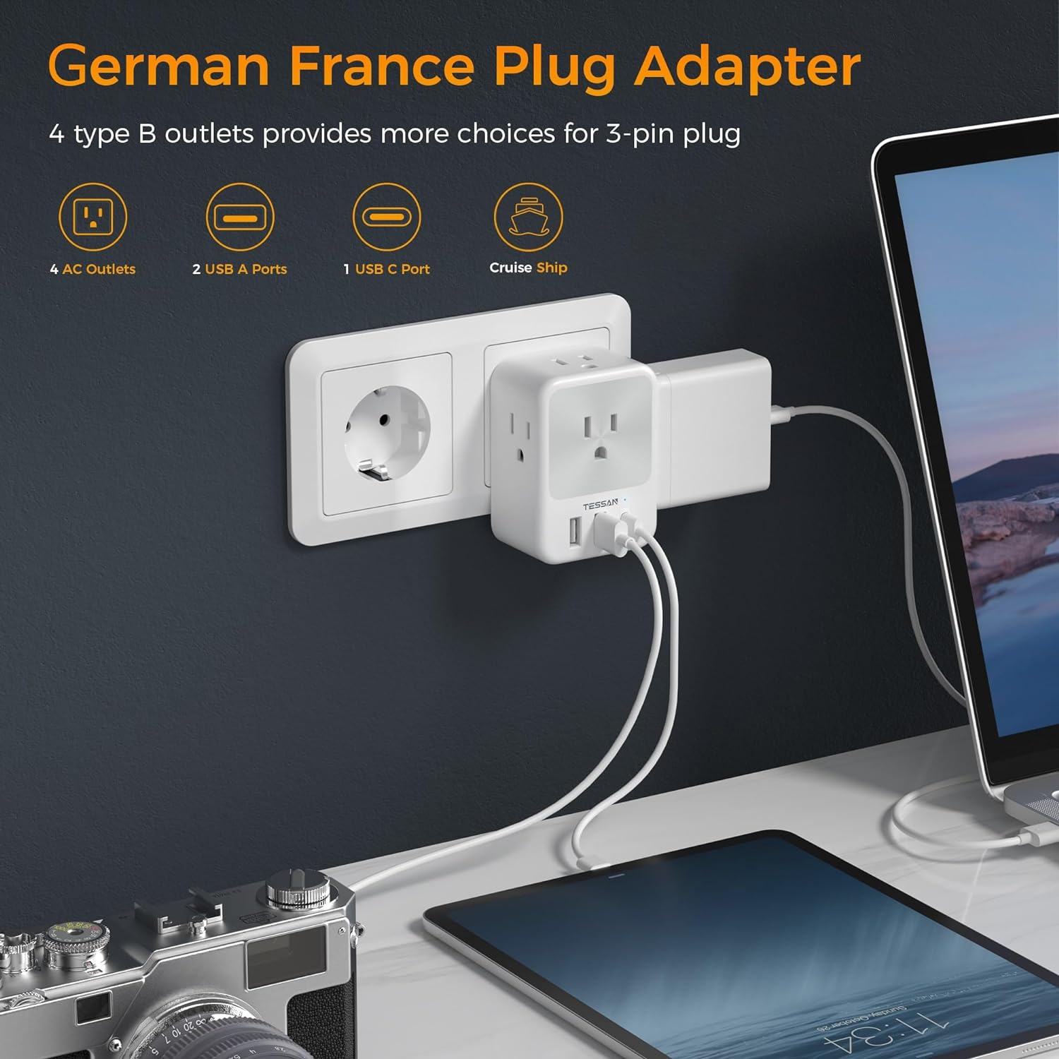 Germany France Travel Power Adapter, Schuko Adaptor with 4 Outlets 3 USB Ports (1 USB C)