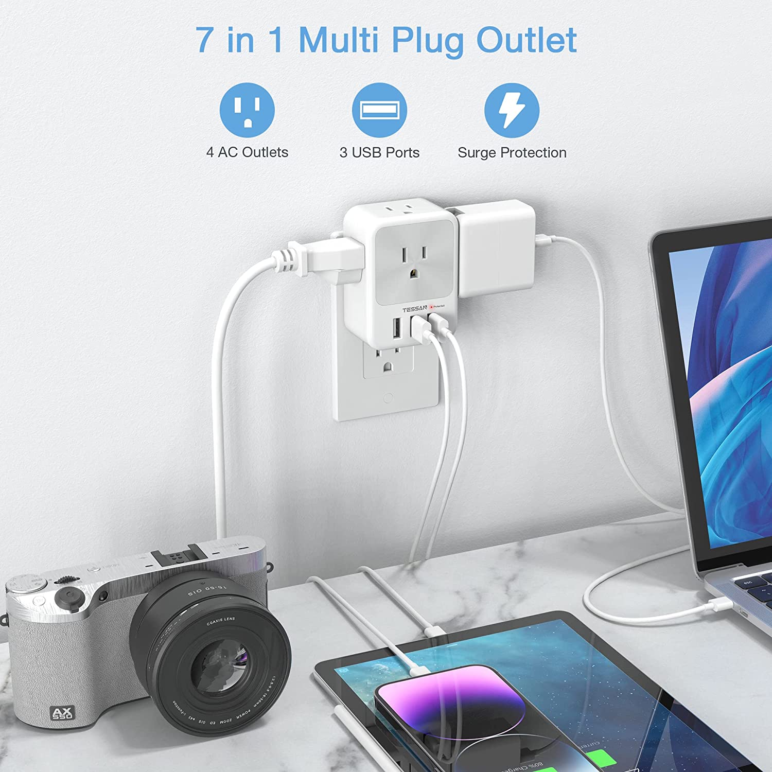 TESSAN 4 Electrical Outlet Extender Surge Protector with 3 USB Wall Charger