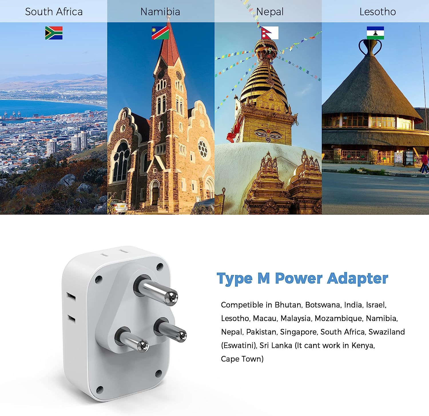 TESSAN South Africa Power Adapter with 4 American Outlets 3 USB Charger (1 USB C Port)