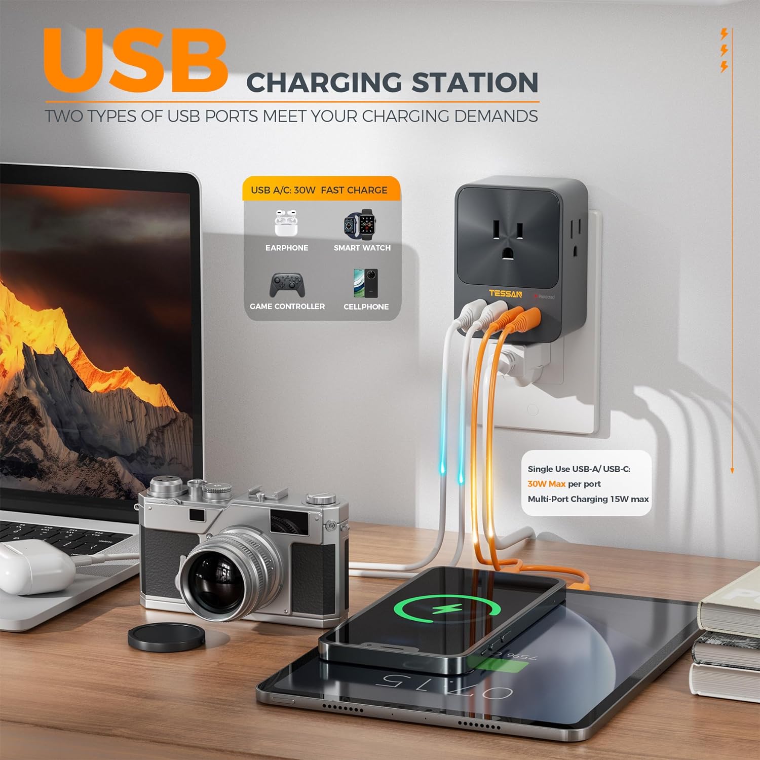 TESSAN 30W USB C Wall Charger, Fast Charging Multi Plug Adapter with 3 Outlet Extender Surge Protector