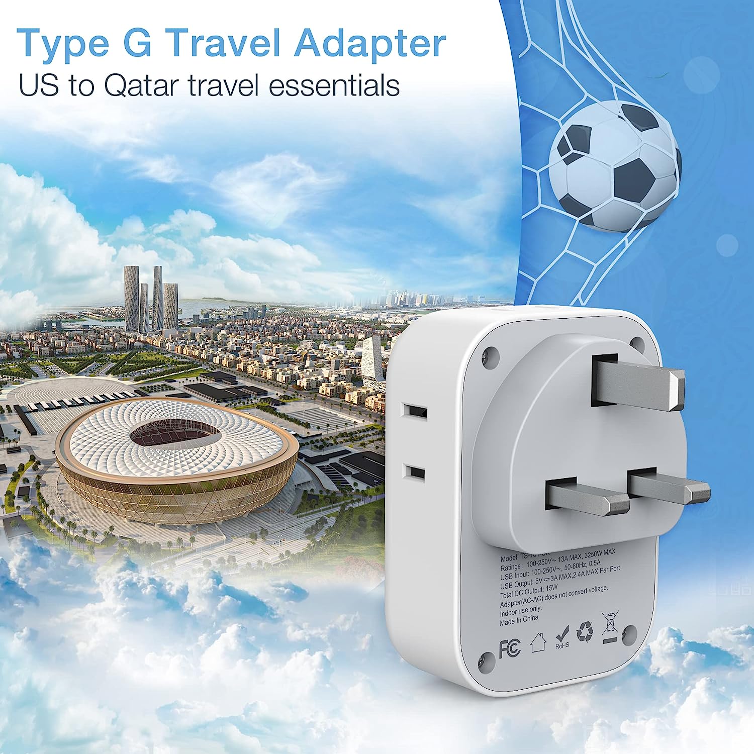 TESSAN US to UK Plug Adapter with 4 Electrical Outlet 3 USB Charger, 3 Pack