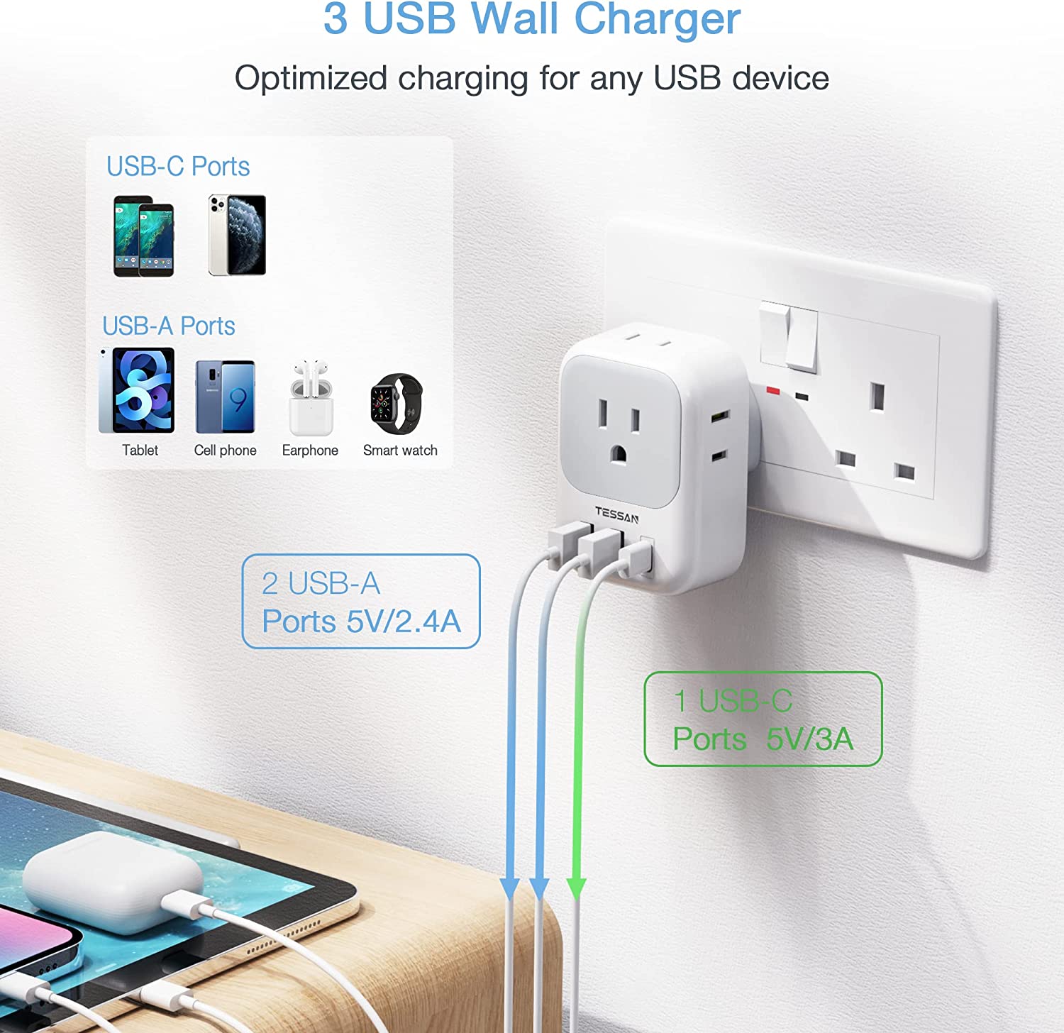 TESSAN Type G Travel Converter with 4 Outlets 3 USB Charger(1 USB C Port), 2 Pack