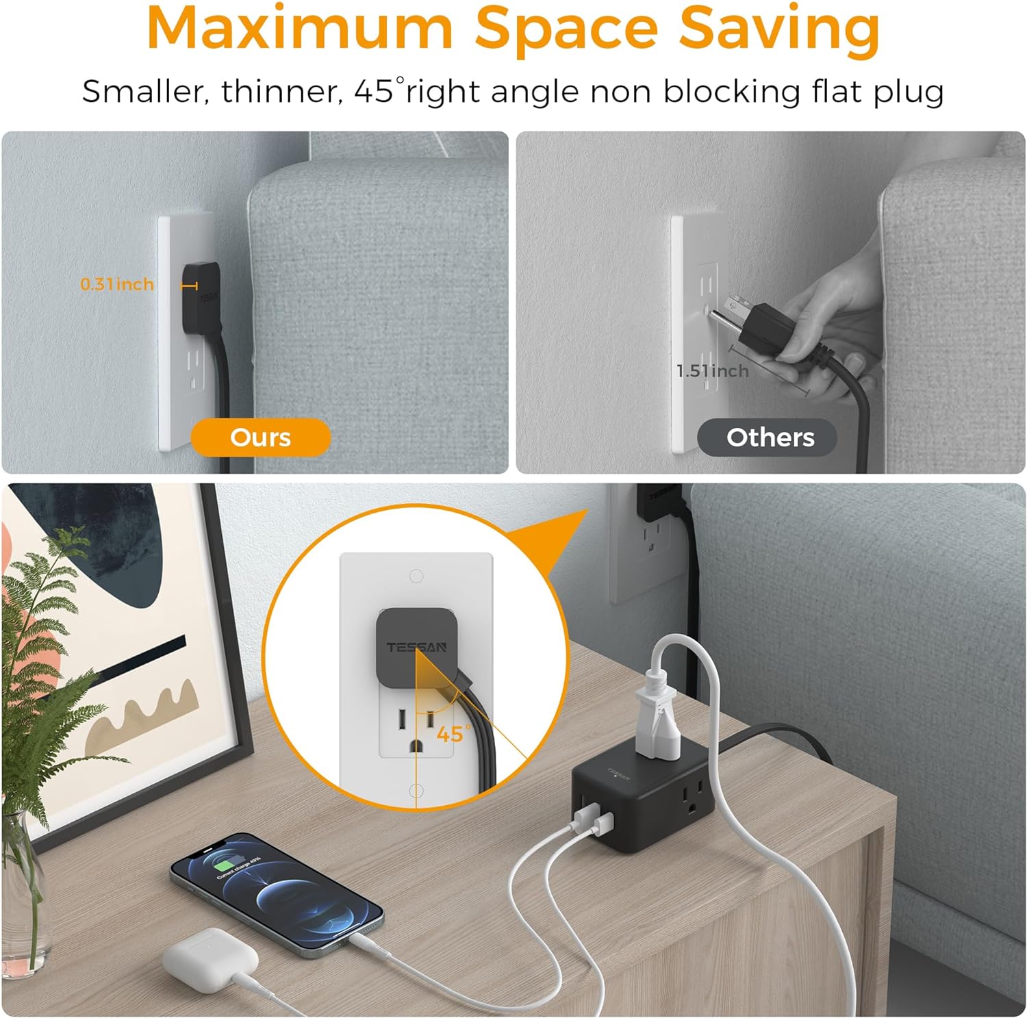 TESSAN Ultra Thin Power Strip with 3 USB Wall Charger (1 USB C), Flat Black Extension Cord
