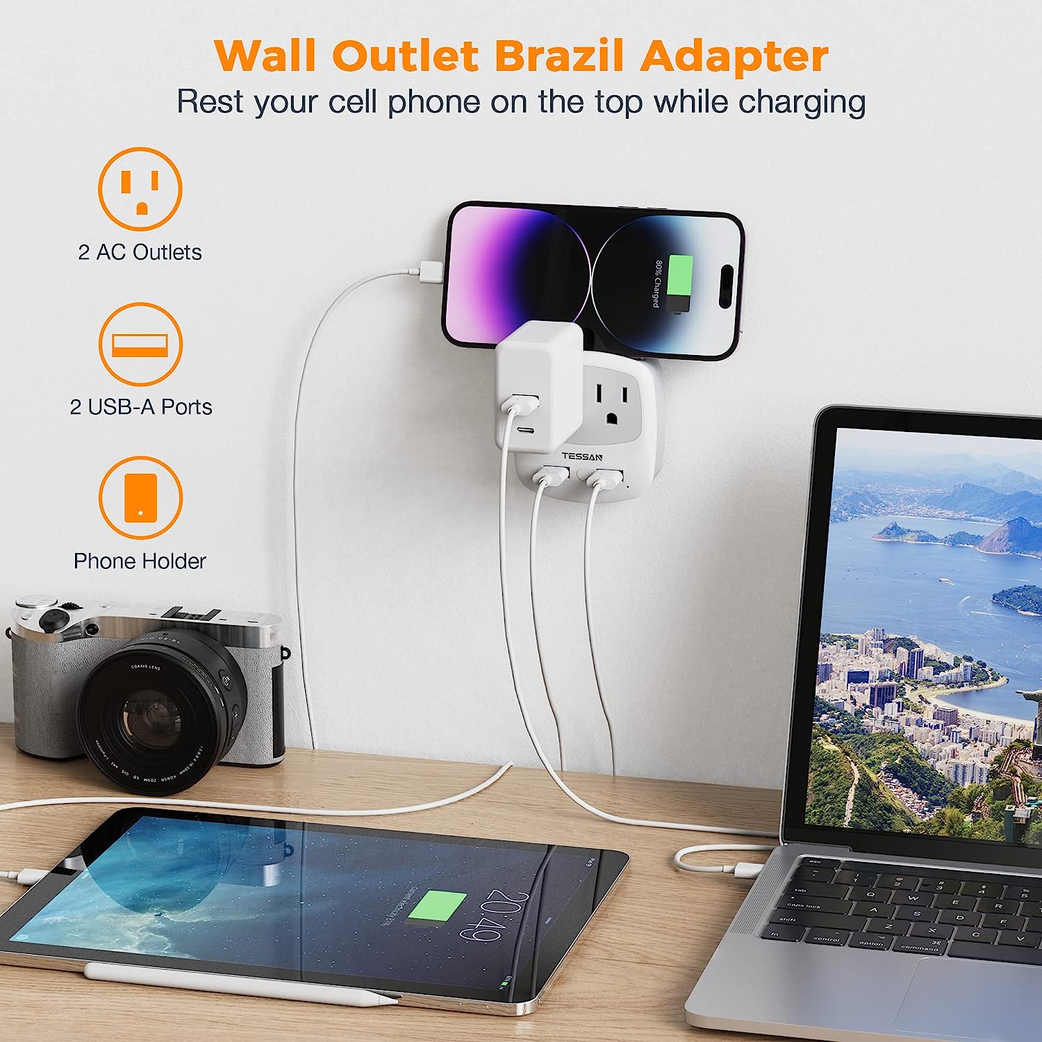 TESSAN Brazil Travel Plug Power Adapter with 2 American Outlets and 2 USB Charging Ports