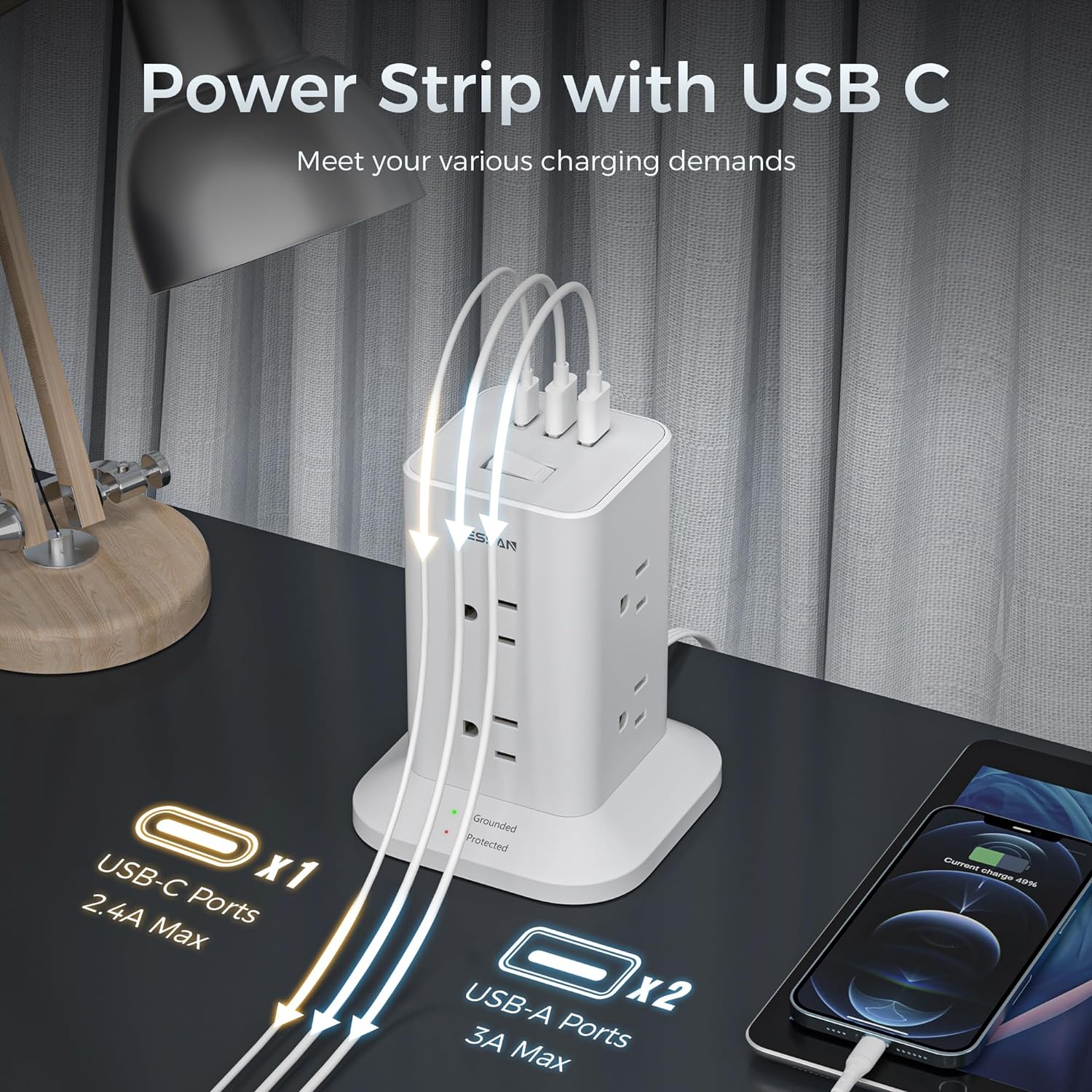 TESSAN Flat Plug Extension Cord with 8 AC Outlets 3 USB Ports (1 USB C), Surge Protector Power Strip Tower 10 FT