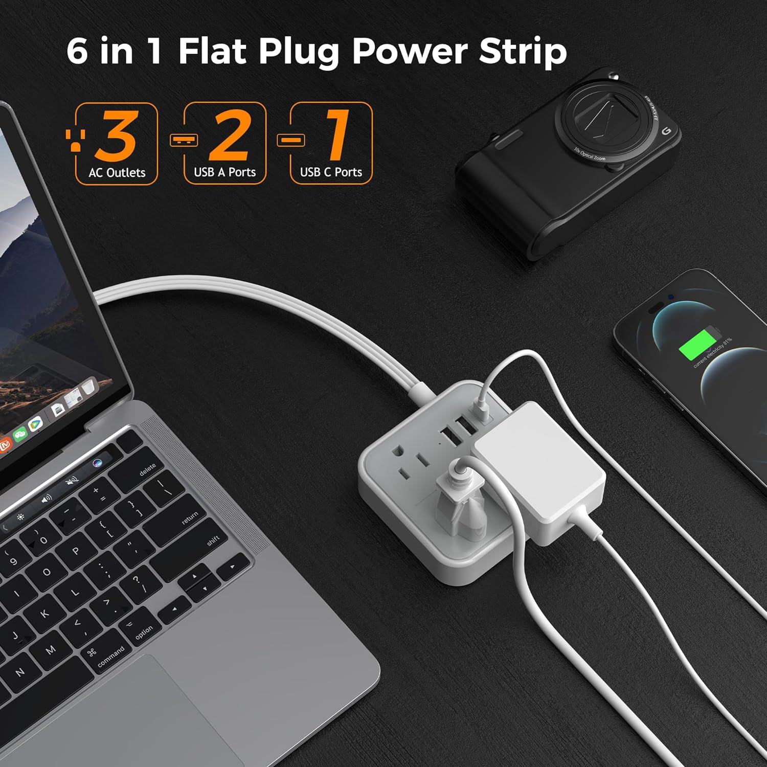 Home Flat Plug Power Strip 5 FT Extension Cord Flat Plug With 3 Outlets 3 USB Ports