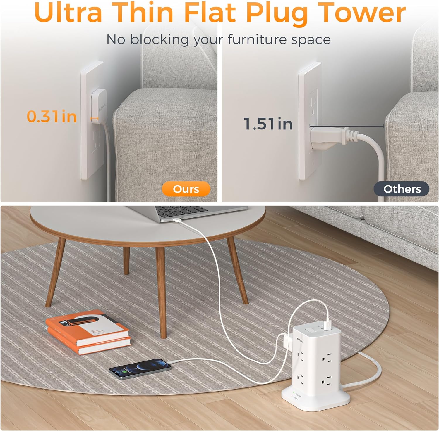 TESSAN Flat Plug Extension Cord with 8 AC Outlets 3 USB Ports (1 USB C), Surge Protector Power Strip Tower 10 FT