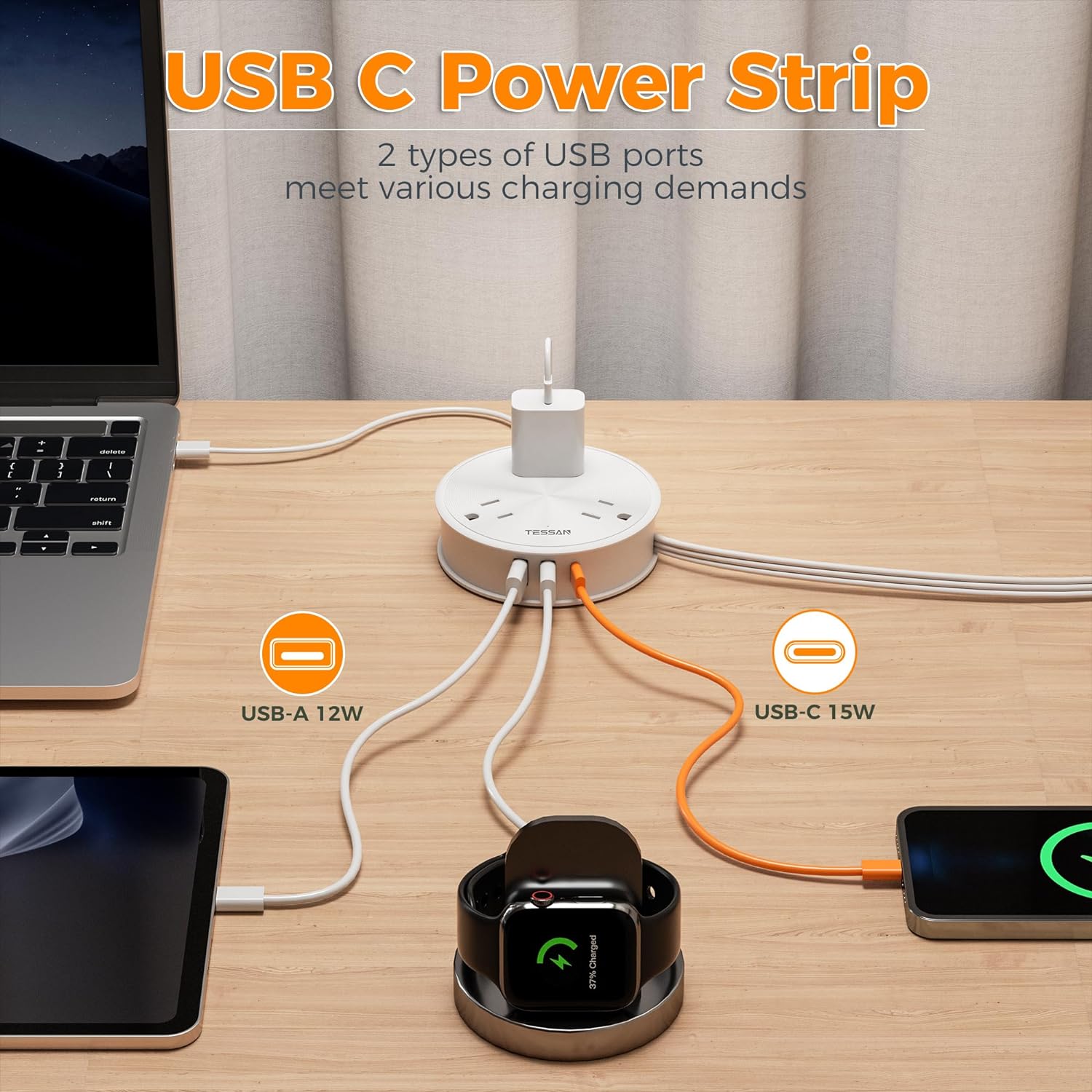 TESSAN Short Extension Cord 2 ft with 3 AC Outlets 3 USB (1 USB C) Ports