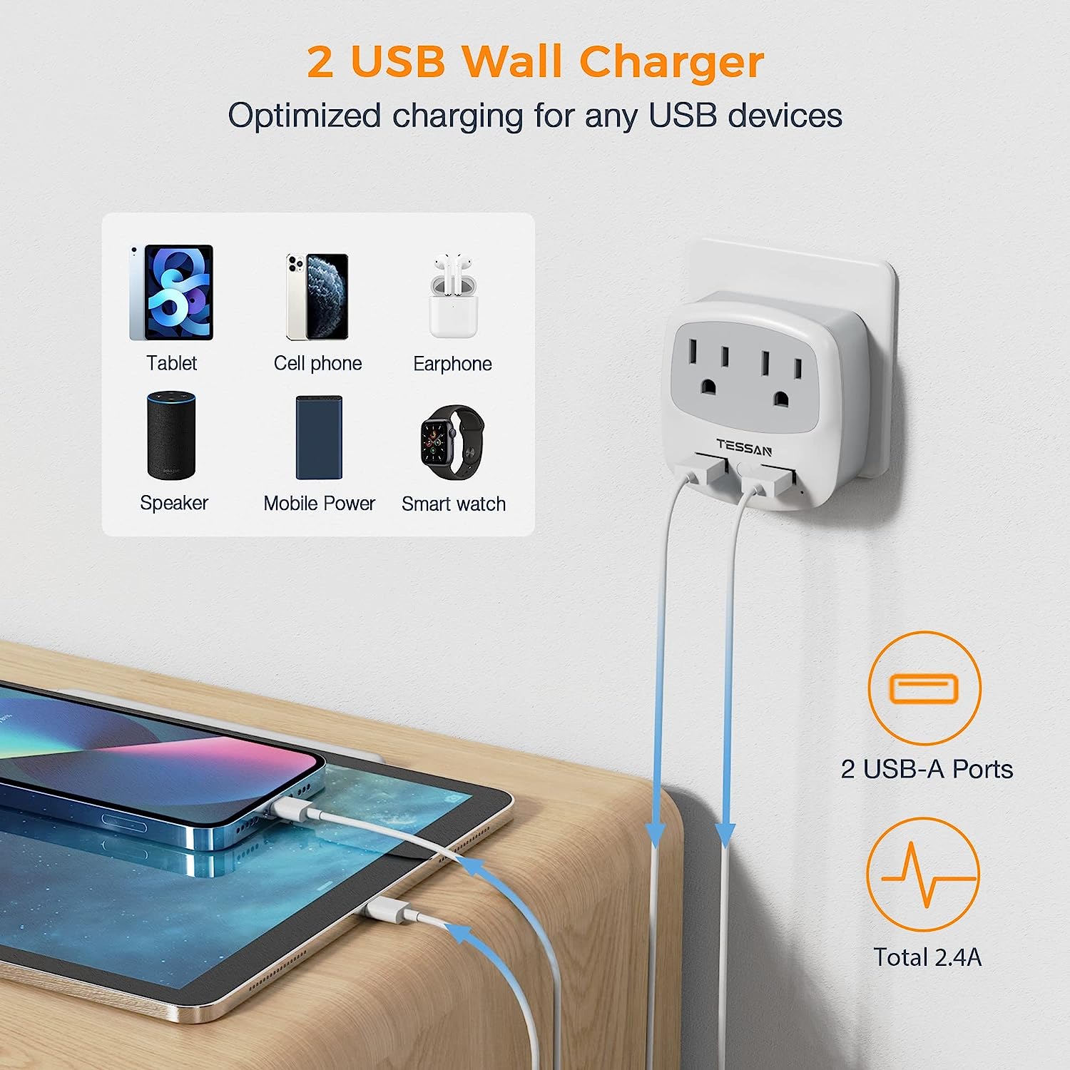 TESSAN Italy Travel Plug Adapter with 2 USB Charger Ports 2 American Outlets