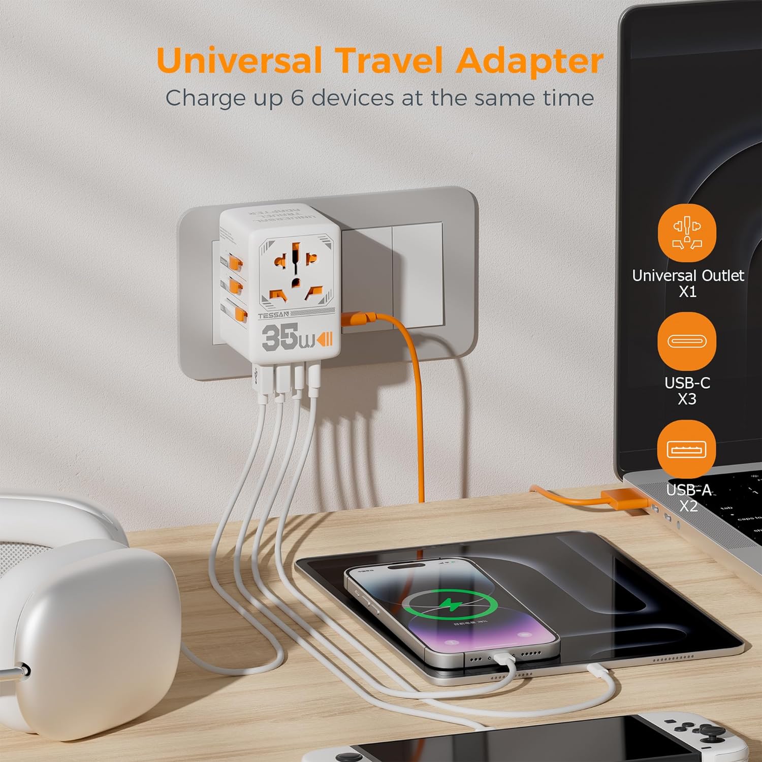 TESSAN 35W Universal Travel Adapter with 3 USB C and 2 USB A Charging Ports