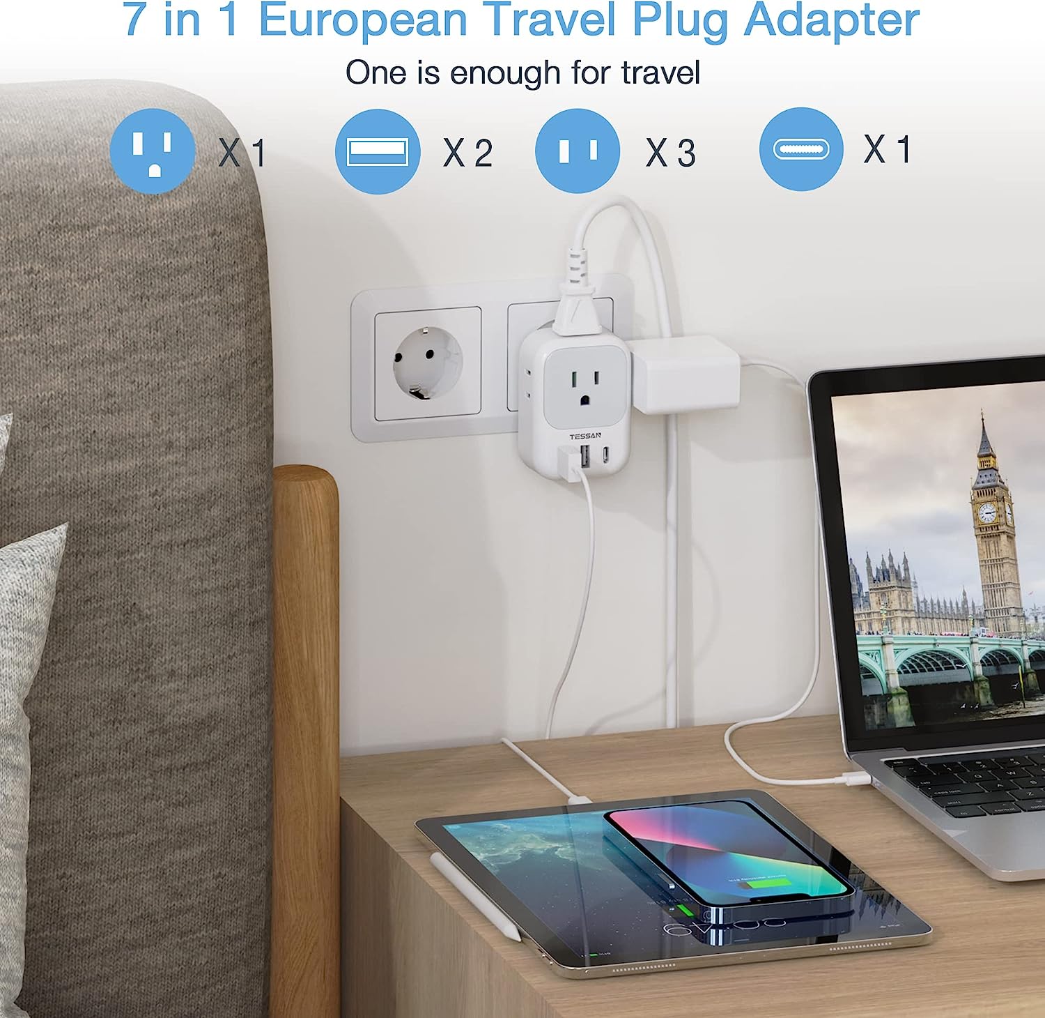 TESSAN US to Europe Plug Adapter with 4 Outlets 3 USB Charger (1 USB C Port), 2 Pack