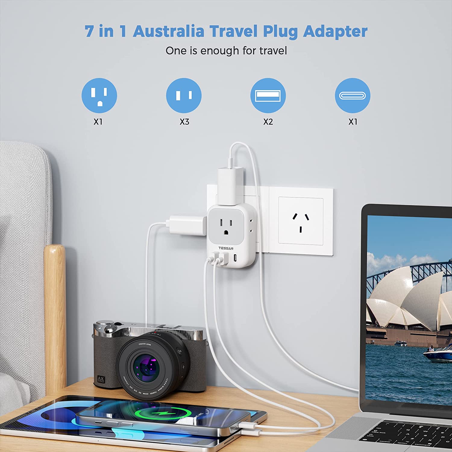 TESSAN Australia Travel Adaptor with 4 American Outlets 3 USB Charger