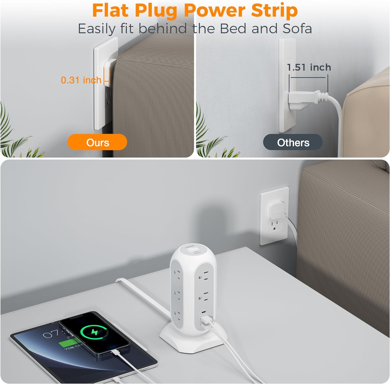 Tower Power Strip Flat Plug with 11 Outlets 3 USB (1 USB C),6 Feet Extension Cord