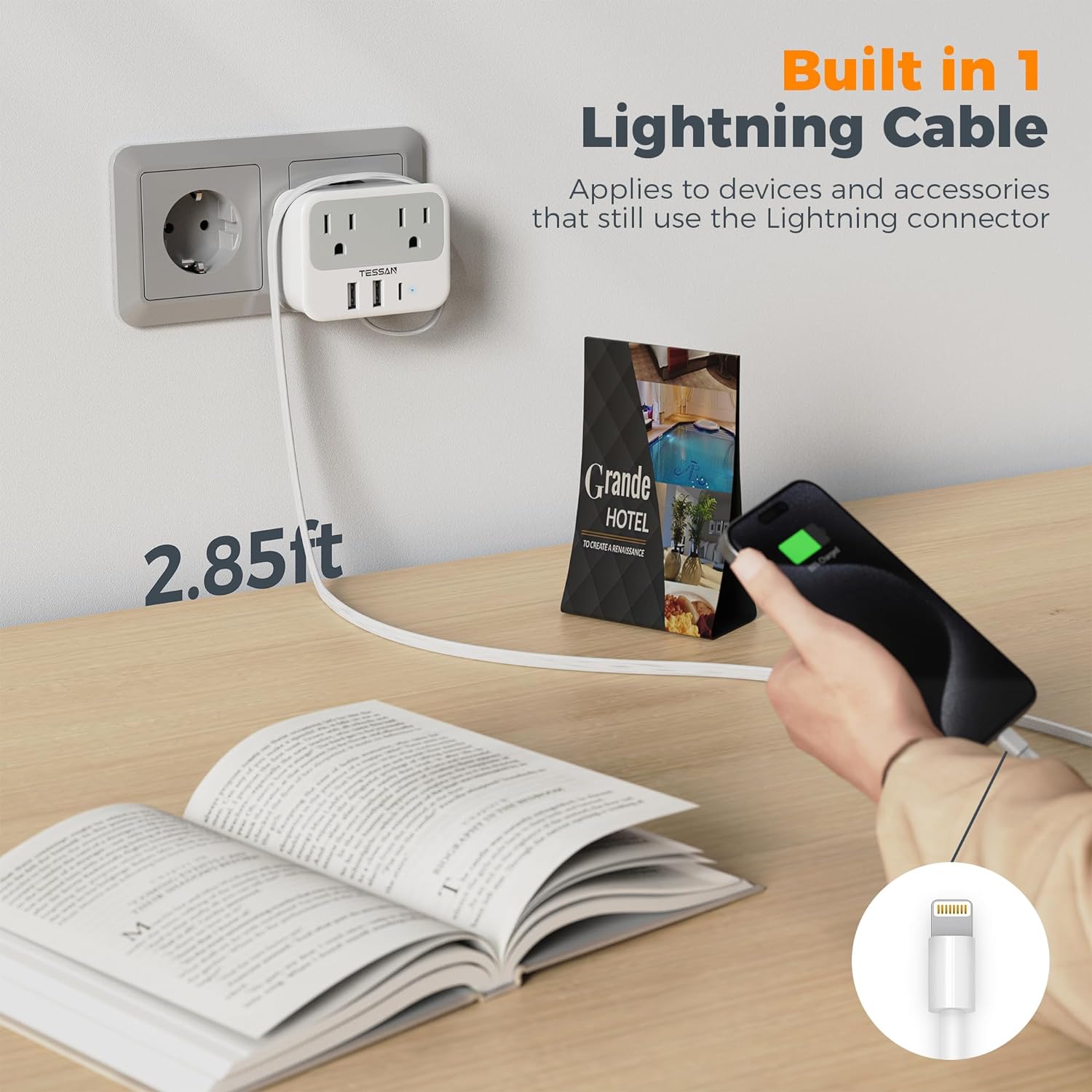 TESSAN European Travel Plug Adapter Built-in 1 Lightning Cable with USB C (Type C)