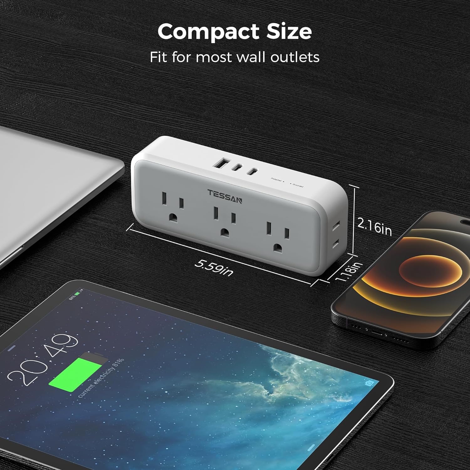 TESSAN Multiple Outlet Splitter with 5 Outlets and 3 USB (2 USB C), Multi Plug Outlet Extender, USB Wall Charger