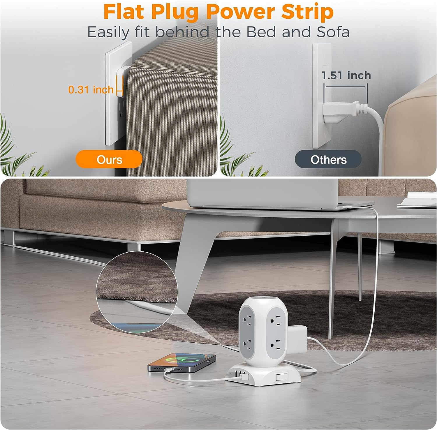 TESSAN Flat Plug Extension Cord 10 Ft with 8 AC Multiple Outlets 4 USB Ports (1 USB C)