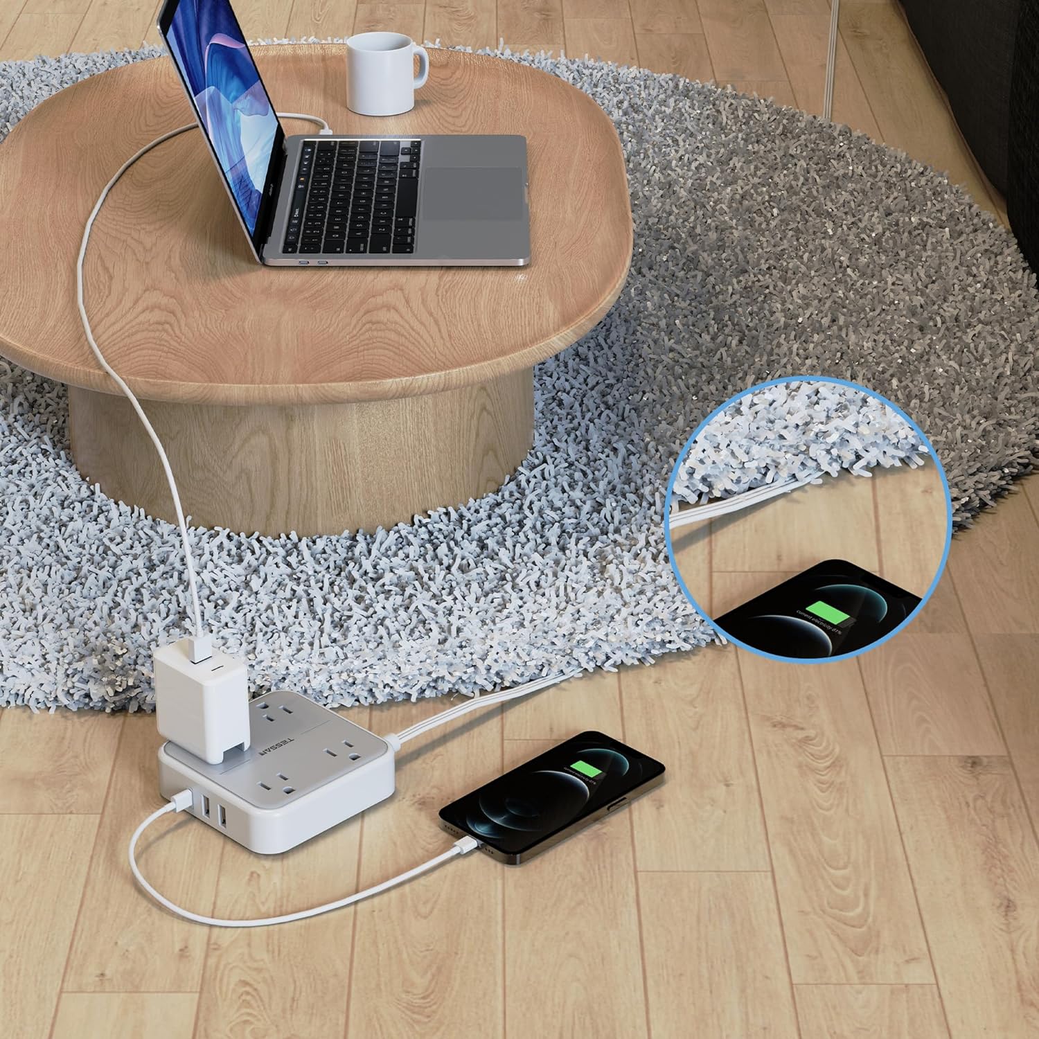 TESSAN 5 ft Ultra Thin Extension Cord with 3 USB Wall Charger(1 USB C Port)