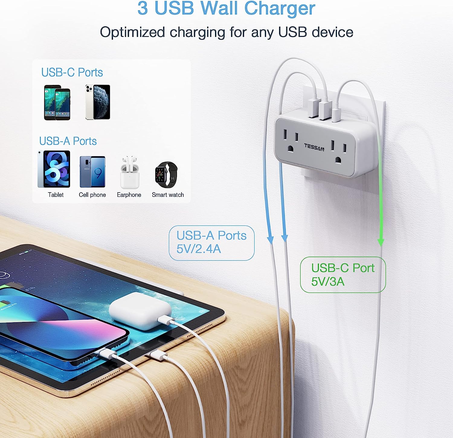 TESSAN Outlet Extender with USB Wall Charger, 3 USB Wall Plug (1 USB C Port)