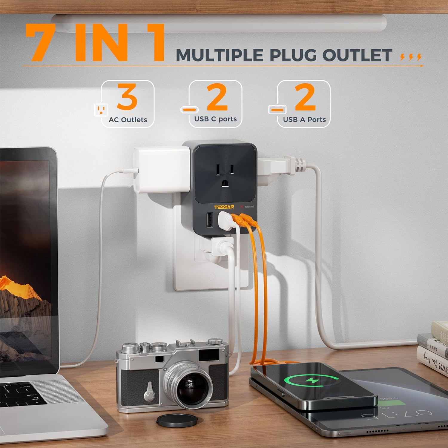 TESSAN 30W USB C Wall Charger, Fast Charging Multi Plug Adapter with 3 Outlet Extender Surge Protector