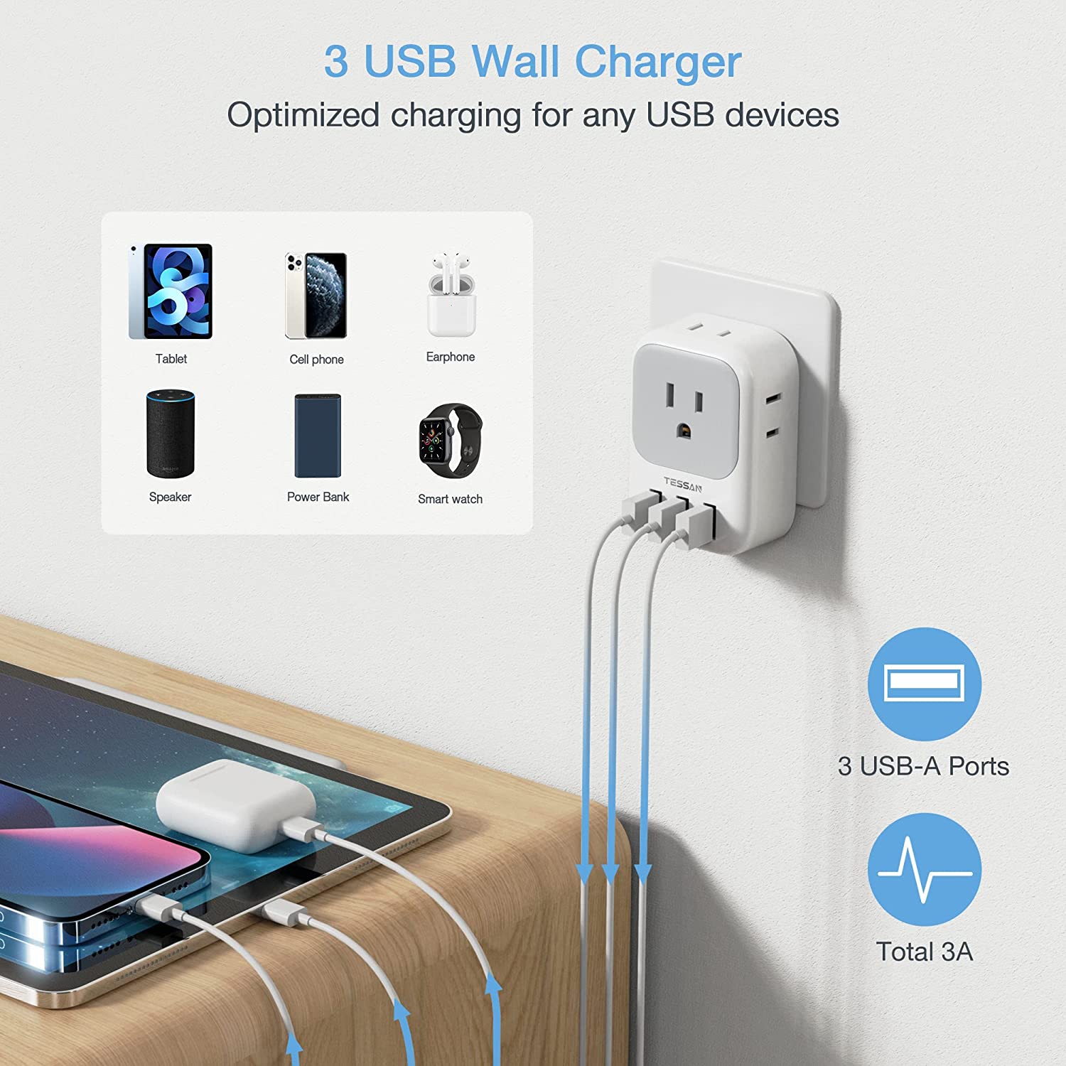 TESSAN US to Italian Power Adapter with 4 Outlets and 3 USB Ports