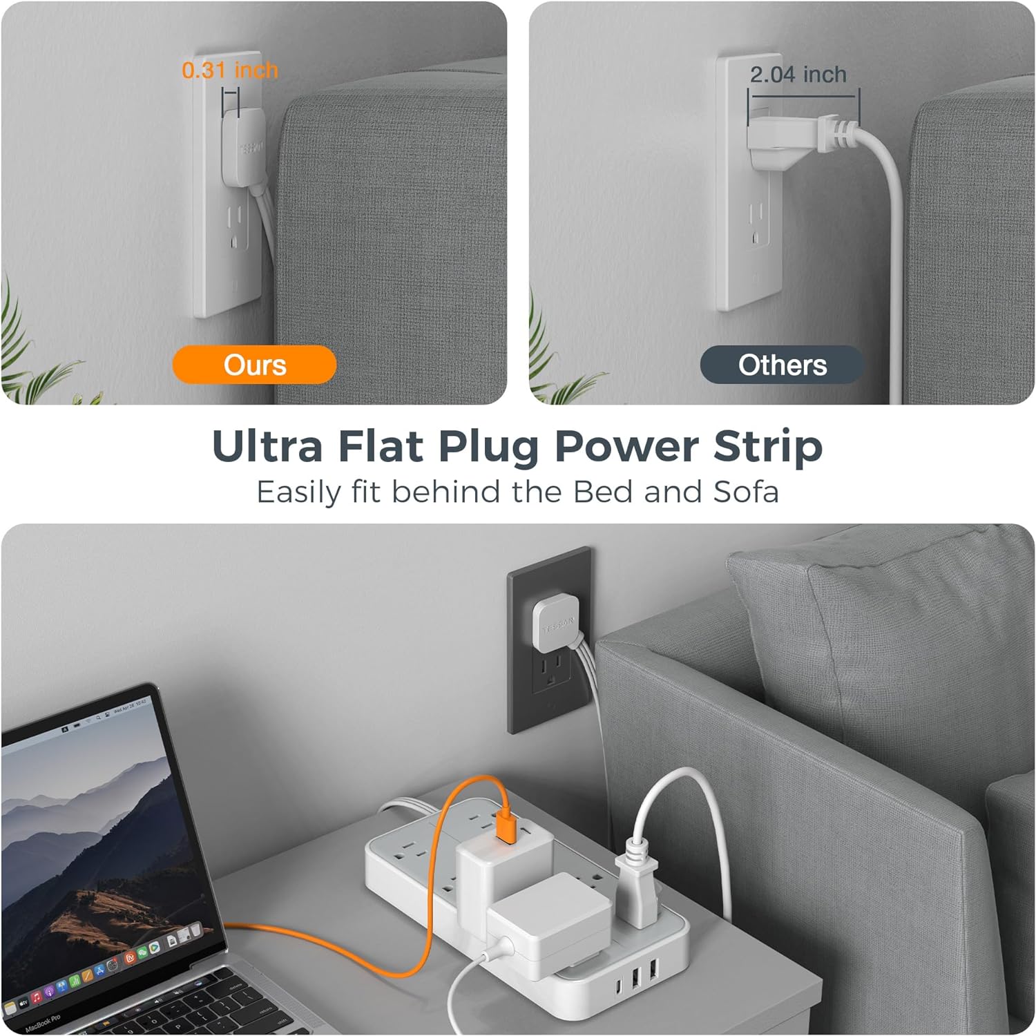 TESSAN Flat Plug Extension Cord with 8 Outlets 3 USB Charger(1 USB C)