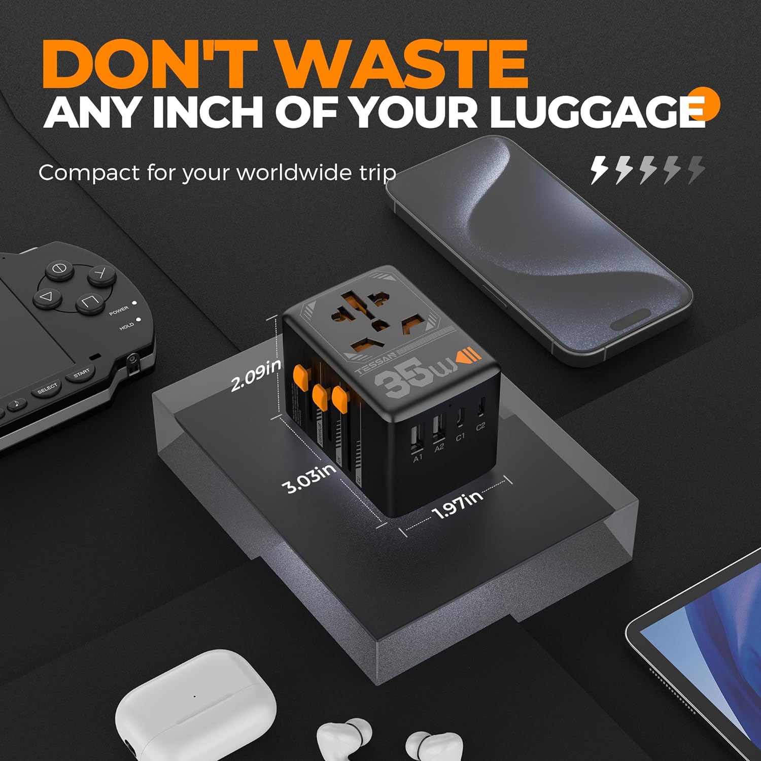 TESSAN International Plug Adaptor with 3 USB C and 2 USB A Charging Ports