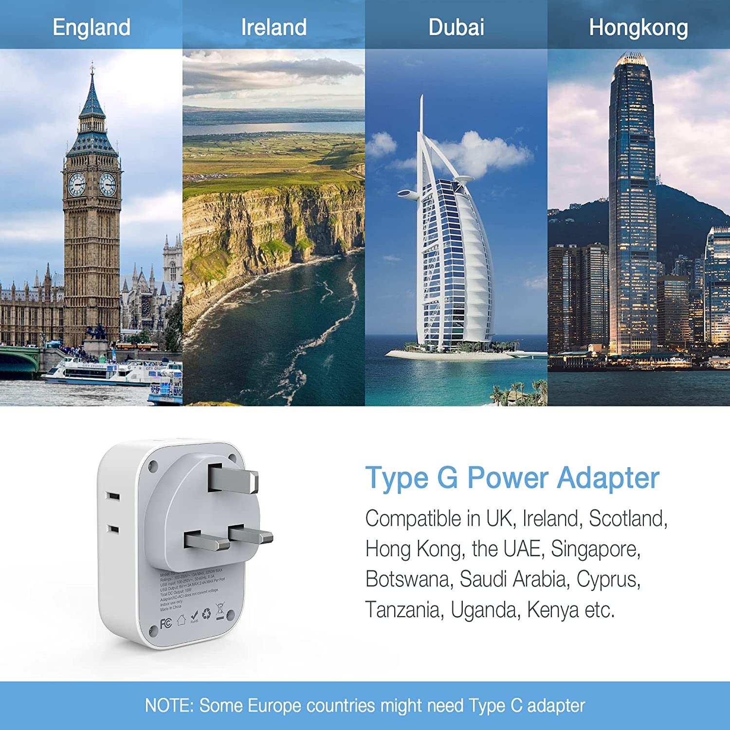 TESSAN US to UK Plug Adapter, 4 American Outlets 3 USB, 2 Pack