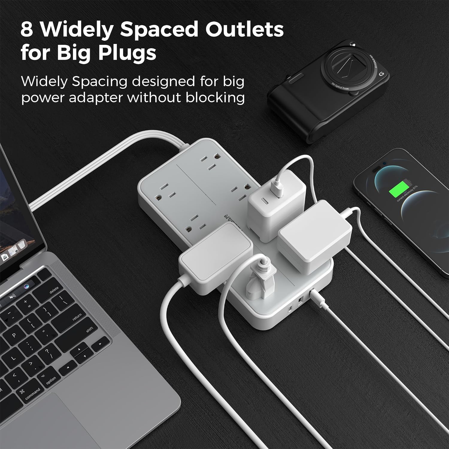 TESSAN Flat Plug Extension Cord with 8 Outlets 3 USB Charger(1 USB C)