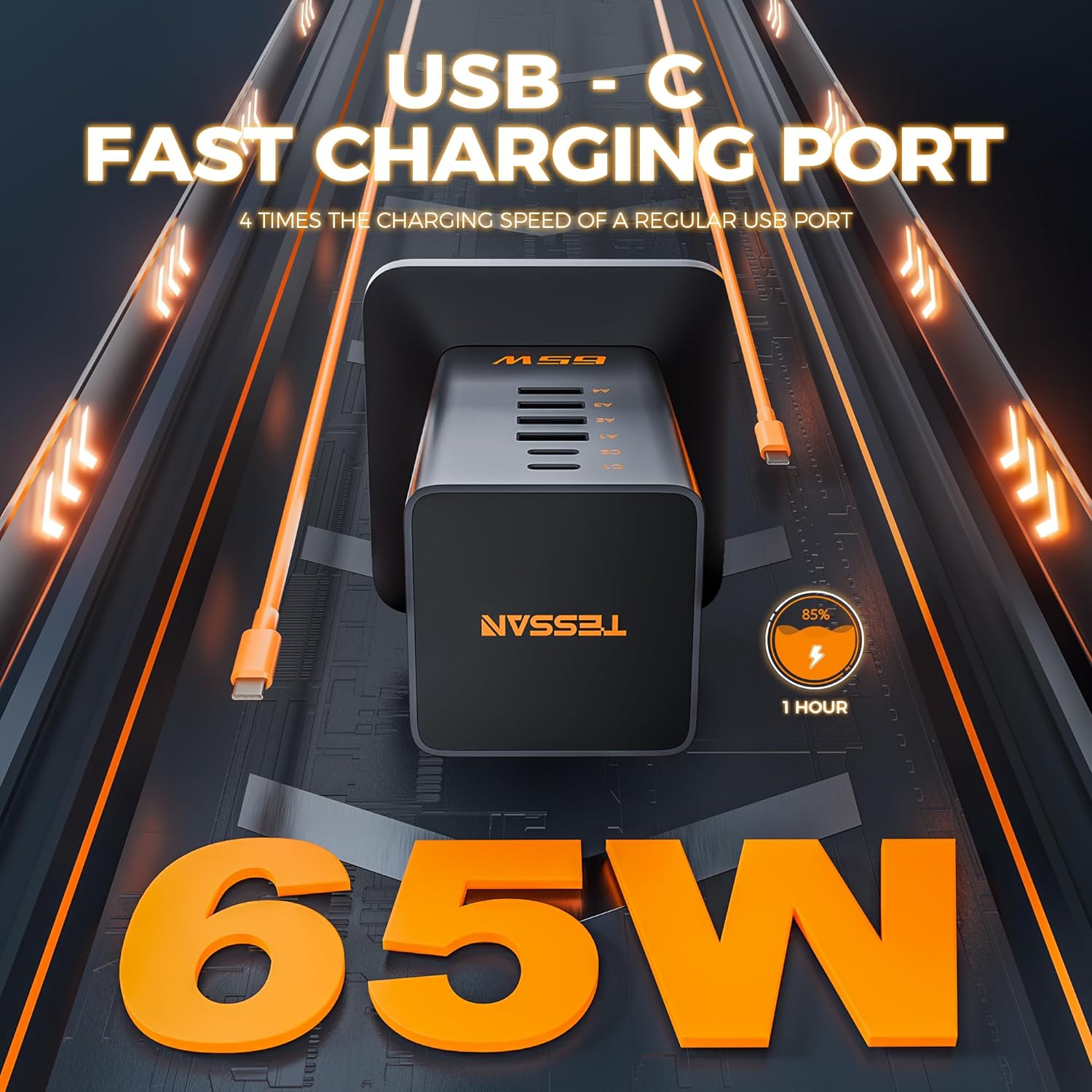 TESSAN 65W Desk Charging Station, 6 Port GaN USB Fast Charger Block Tower with 3 Outlets