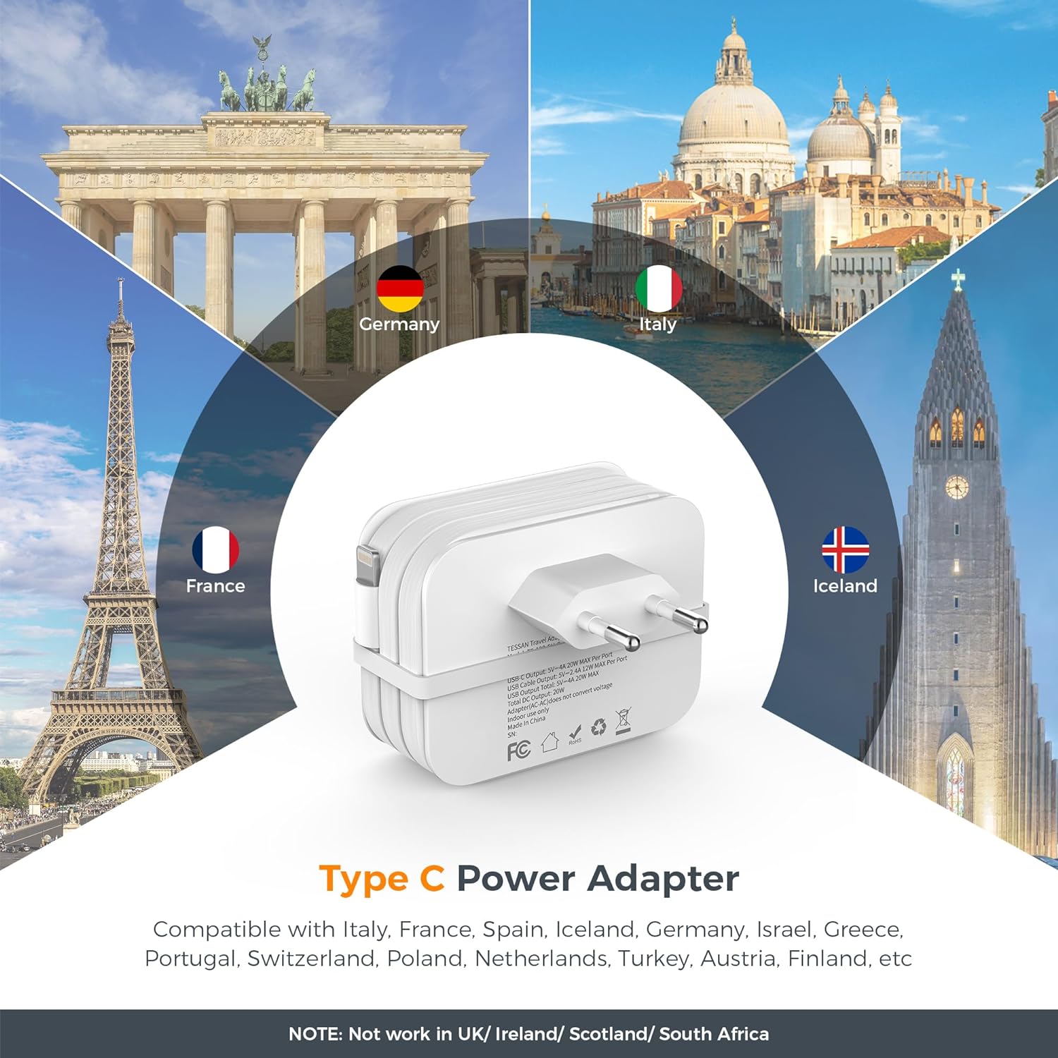 TESSAN European Travel Plug Adapter Built-in 1 Lightning Cable with USB C (Type C)