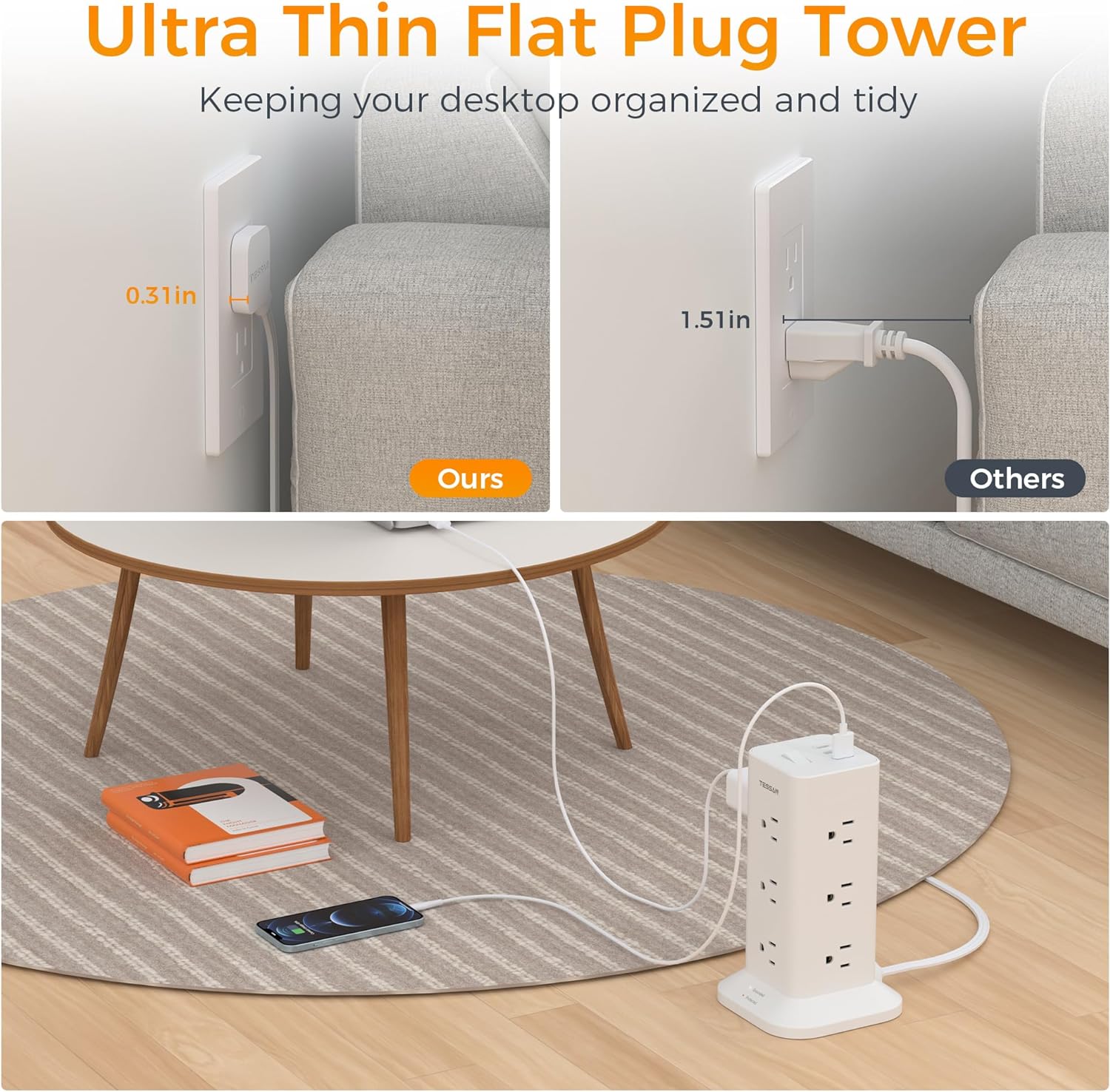 TESSAN Flat Plug Extension Cord 6 Feet with 12 Multiple Outlets 3 USB Ports (1 USB C)