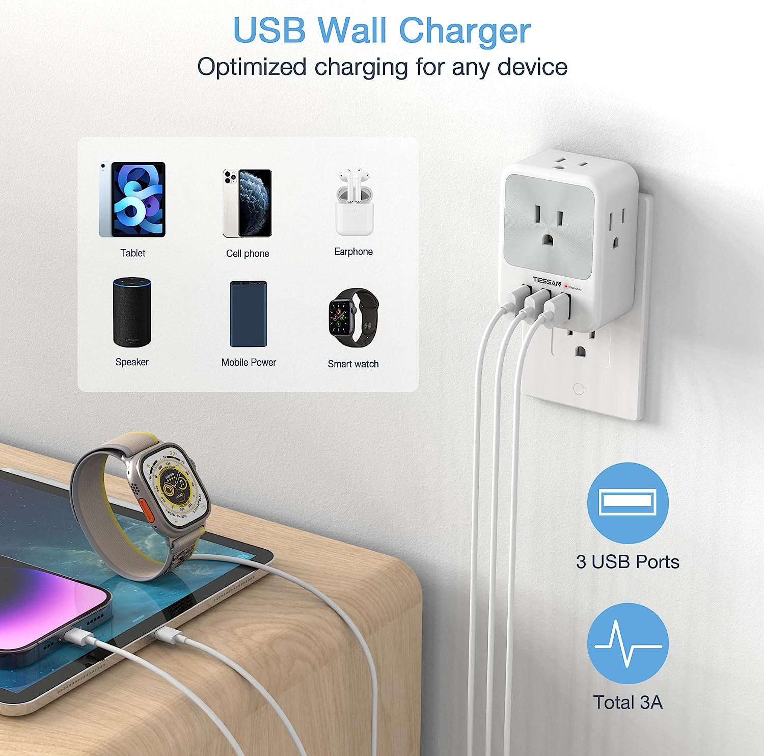 TESSAN 4 Electrical Outlet Extender Surge Protector with 3 USB Wall Charger